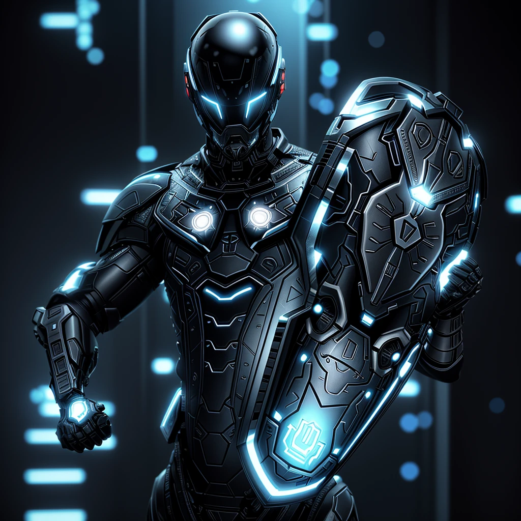 a man wielding a shield from the tron universe, shield focus, intricate build and design, futuristic yet traditional, volumetric lighting