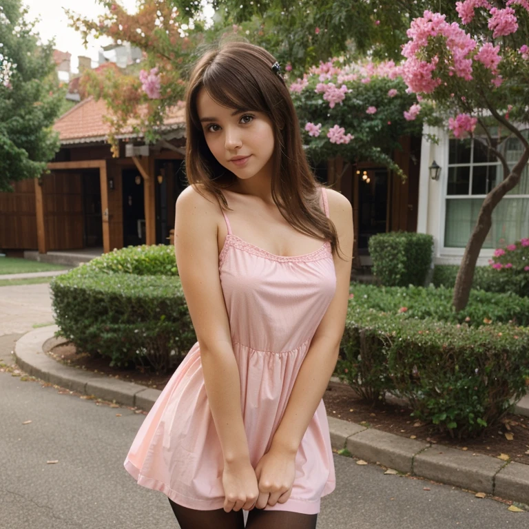 Pink Camisole dress , young thin cute girl, matching pantyhose