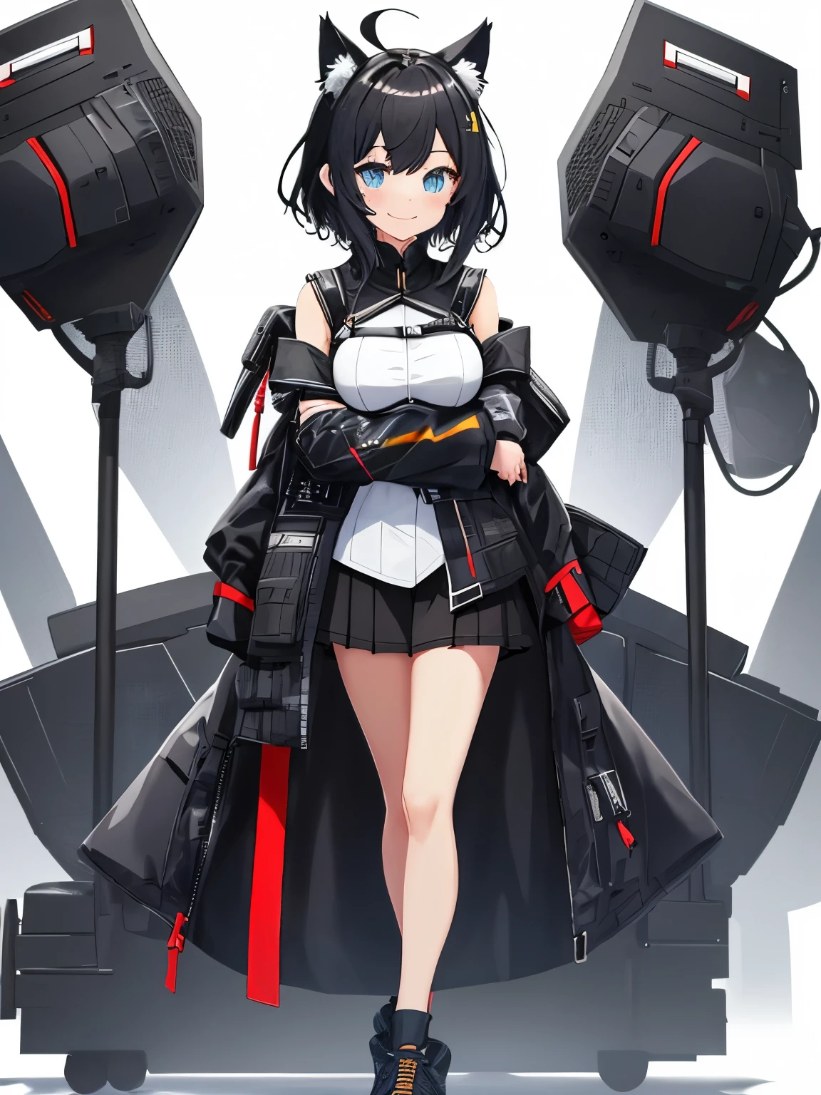 on lap,((((upright)))), ((((arm to the side)))), looking at the viewer, simple background、white background, 1 girl, open your mouth, smile, Virtual YouTuber、with a girl、((highest quality, expensive_solve, clear_image)),(black hair), (black cat ears), (Ahoge), (ridiculously short hair), (wavy hair), (blue eyes),、laughter、very big breasts,(wearing shoes on feet)、concept art、((show viewer))。black military uniform。