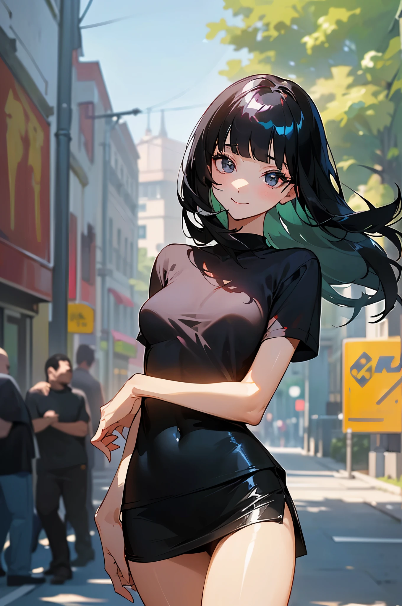 (1woman,solo),cowboy shot,18 year old beauty、black hair,long hair,blunt bangs,black eyes,Detailed beautiful eyes,shy look、smile for the audience,((smaller head:1.3、skinny,medium breasts)),(((Black T-shirt、short skirt,gleaming skin,shiny skin)))、On a date、bustling street、sunny,