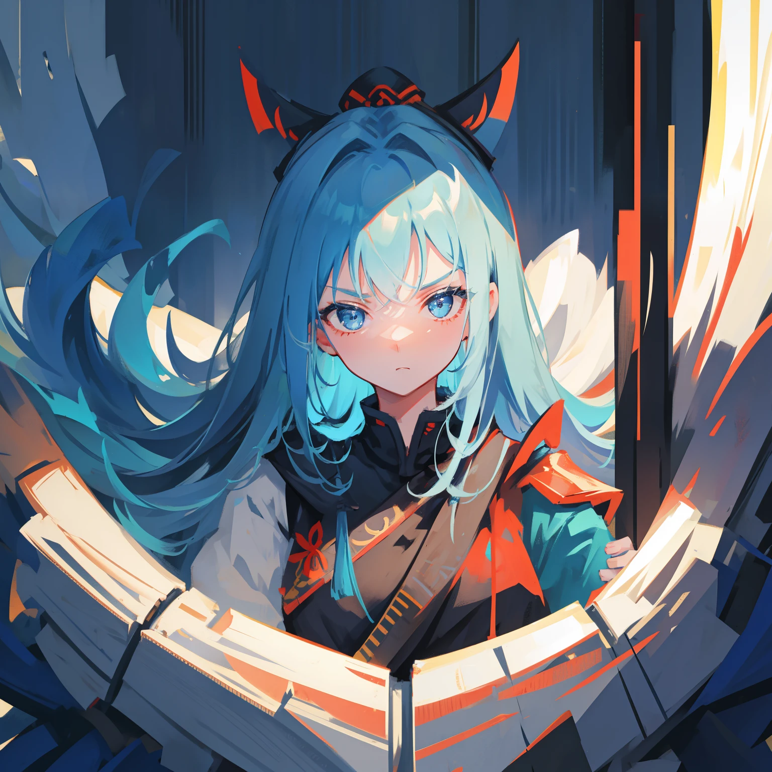 Girl, long sky blue hair, dark blue eyes, fierce expression, katana, samurai armor