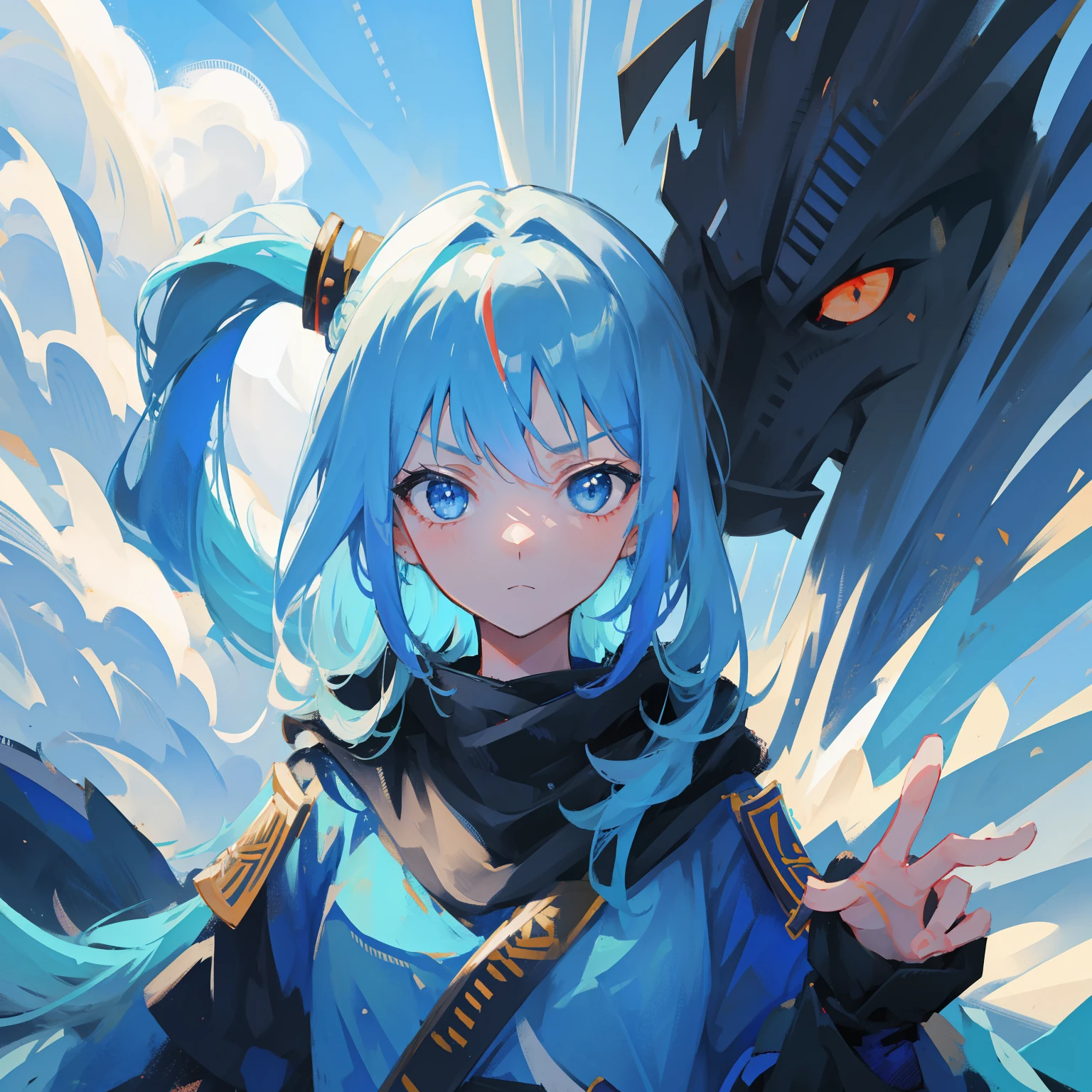 Girl, long sky blue hair, dark blue eyes, fierce expression, katana, samurai armor