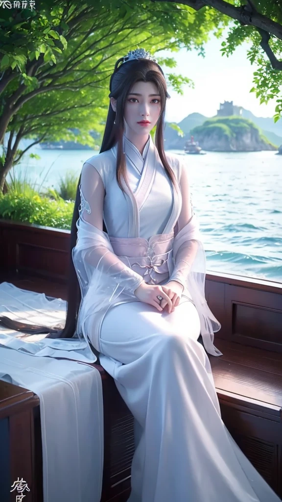 Anime girl wearing white dress sitting on boat in water, Queen of the Sea Mu Yanling, full body xianxia, g liulian art style, 2. 5d cgi anime fantasy artwork, inspired by trees, Inspired by Leng Mei, Epic and beautiful character art, Best Art Sites for Fan Art, Beautiful charming anime woman