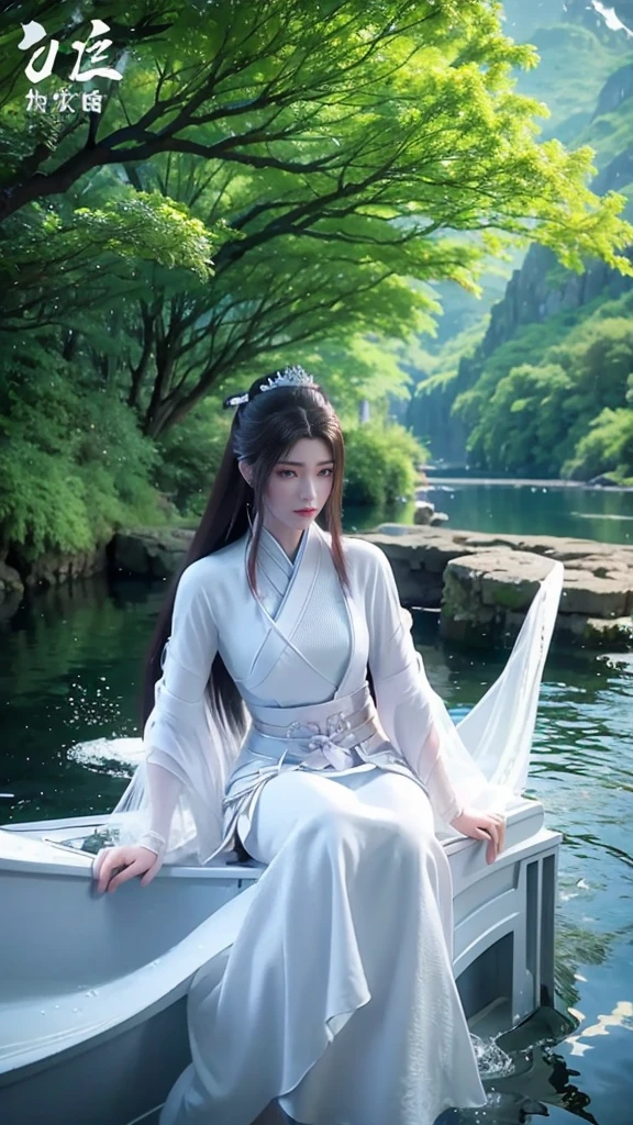 Anime girl wearing white dress sitting on boat in water, Queen of the Sea Mu Yanling, full body xianxia, g liulian art style, 2. 5d cgi anime fantasy artwork, inspired by trees, Inspired by Leng Mei, Epic and beautiful character art, Best Art Sites for Fan Art, Beautiful charming anime woman