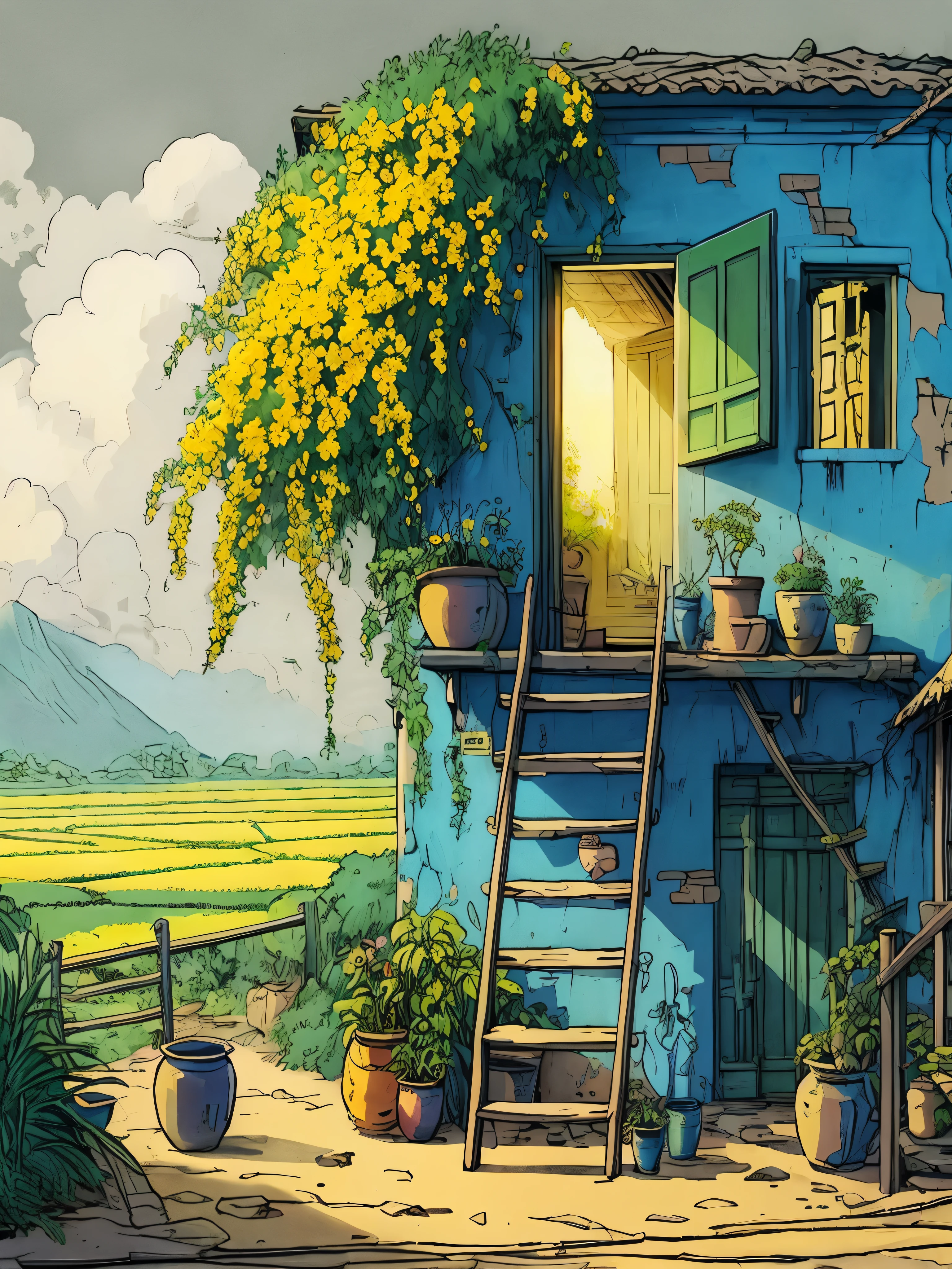 Draw a tintin style anime simple art of an old indian blue and yellow house with cracks, stairs, pots, ladder, green fields behind, dense yellow Bougainvillea flowers coming from inside, greenery, dim light, shade, clouds, beautiful sky, beautiful color palette,