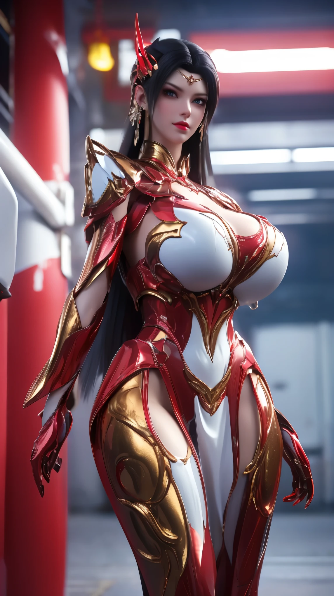 (Nsfw:1.5), A beauty girl with black hair, 1GIRL, (PHOENIX GOLD HELM),((HUGE FAKE BREASTS,CLEAVAGE:1.5)), (MUSCLE ABS:1.3), ((MECHA GUARD ARMS,DIAMOND CORE IN MECHA:1.1)), (RED SHINY FUTURISTIC MECHA,BLACK MECHA SKINTIGHT SUIT:1.5), (PERFECT THICK BODY, GLOWING BODY SKIN:1.1), (LOOKING AT VIEWER:1.3), (HALLWAY OF FUTURISTIC SPACE STATION:1), (BRIGHT LIGHT WHITE_ROOM:1.3), HYPER TEXTURE, UNREAL ENGINE RENDER, PHYSICALLY-BASED RENDERING, ULTRA HIGHT DEFINITION, 16K, 1080P.