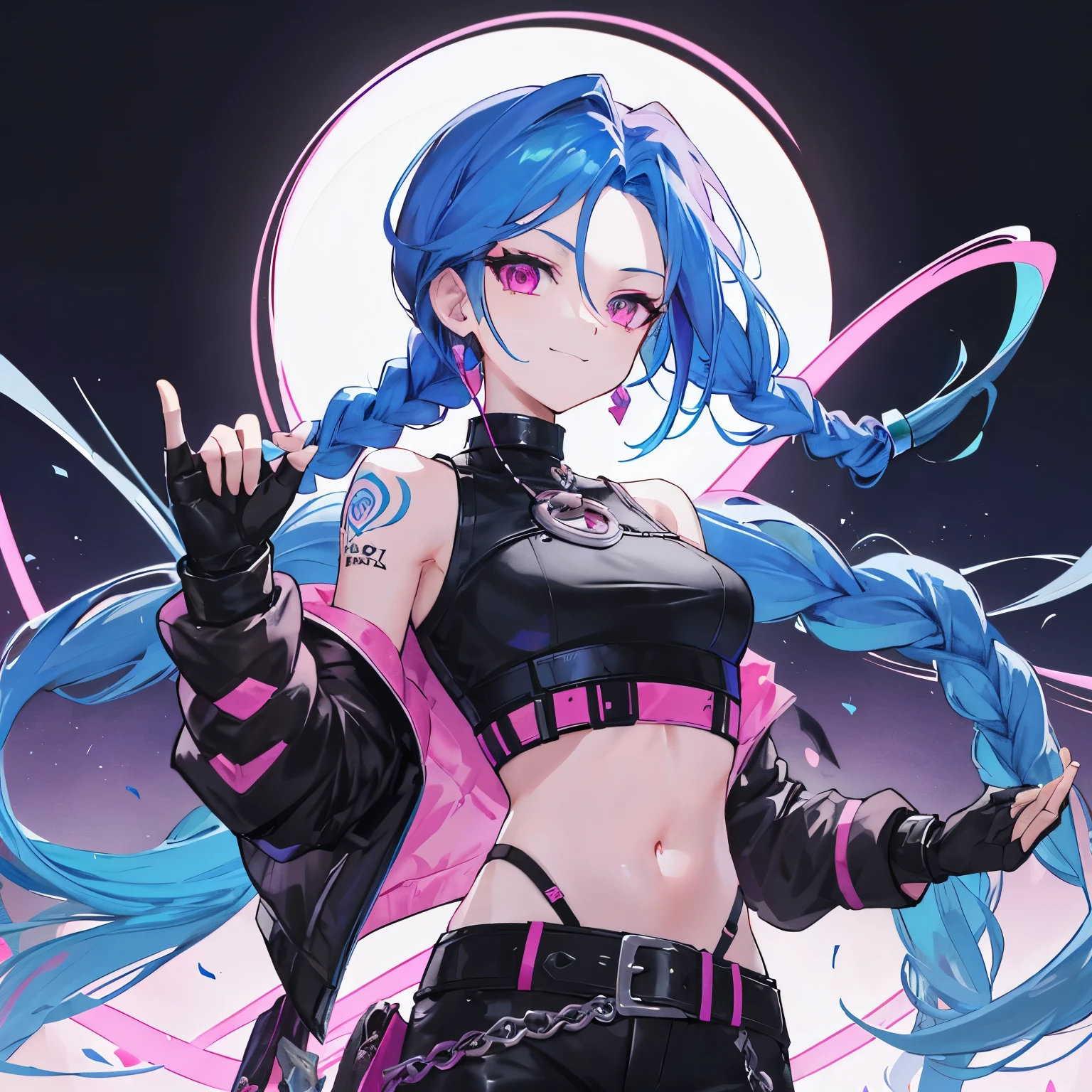 Solo,(Best quality:1.2,Masterpiece:1.2,Ultra detailed,hires),
Jinx (League of Legends),(Best quality:1.2,Masterpiece:1.2,Ultra detailed,hires),1girll,Upper body,Small breasts,
Blue hair,Long hair,Double up braid,Very long hair,bangs,Arm tattoos,stomach tattoo,Pink eyes,
Black leather,Cortical arm,Crop top,midriff,Bare shoulders,Black fingerless gloves,black,Cortical neck ring,
Boots,Pink striped pants,belt,brownfootwear,
view the viewer,Smile,