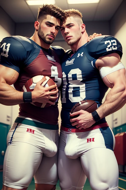 2 men, photorealistic, full view. Muscular, Caucasian football jock bodybuilder, in football uniform, is holding muscular, Caucasian Football jock bodybuilder in football uniform, with cum on his face and chest, standing in a dark locker room, with huge hard cocks, dripping cum. Sexy, love, NSFW.