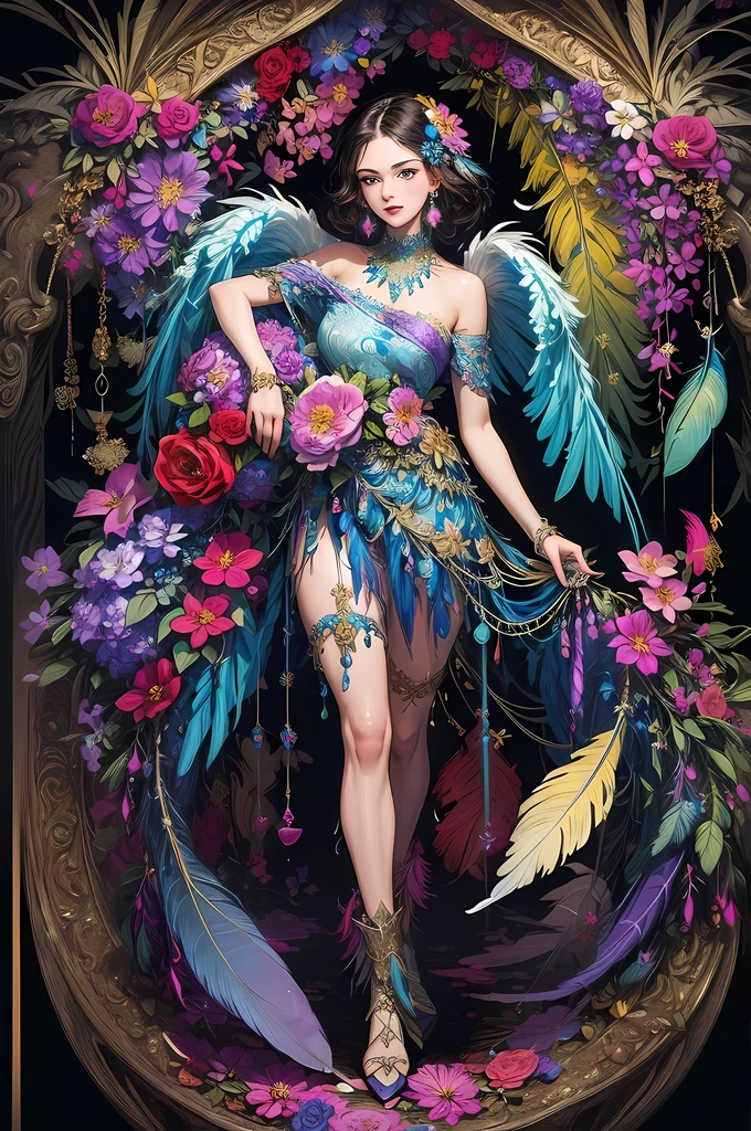(masterpiece, top quality, best quality, official art, beautiful and aesthetic:1.2), (1girl:1.3), extremely detailed,(fractal art:1.1),(colorful:1.1)(flowers:1.3),highest detailed,(zentangle:1.2), full body, (abstract background:1.3), (shiny skin), (many colors:1.4), ,(earrings), (feathers:1.5),