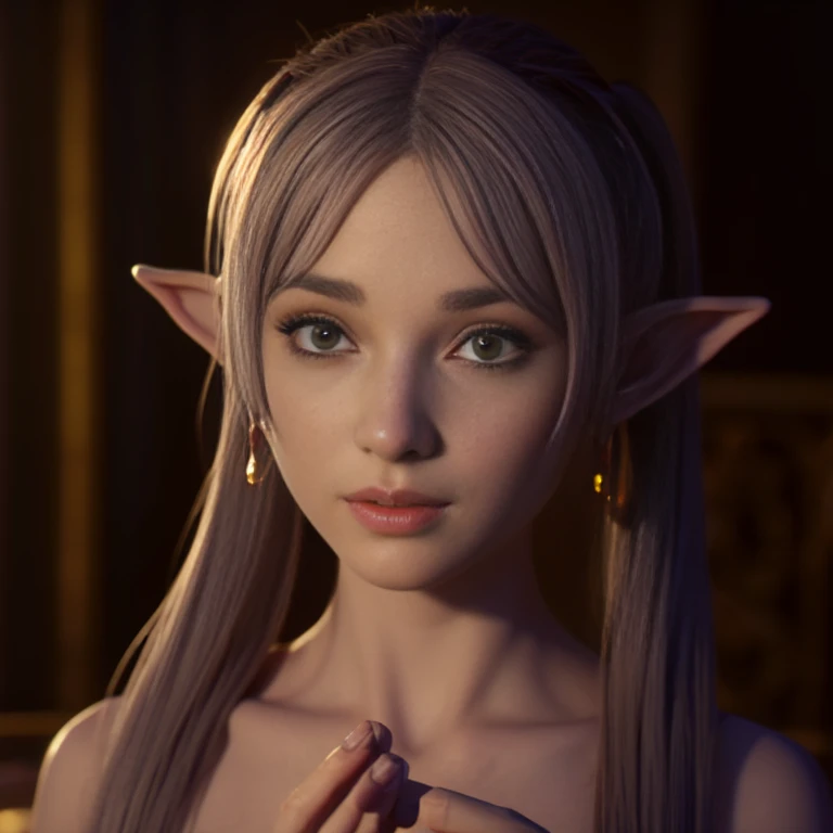 An elf girl,Double ponytail gray hair, small breast, naked,green eyes,parted bangs,thick eyebrows,beautiful Finger,beautiful character design, official art,Extremely detailed CG unification, perfect lighting,rich and colorful, (the best_quality:1.0), 超high resolution,Super detailed, high resolution, lens flare, (beautiful_Face:1.5),on the table,the bestquality, wizard wand,Medieval cityscape