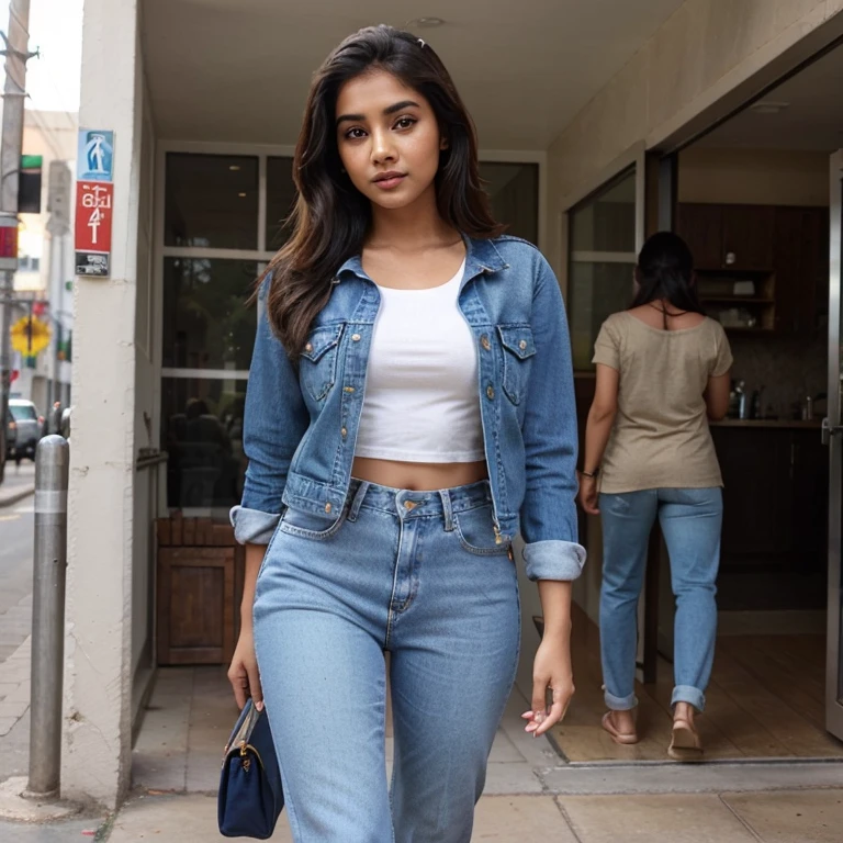 lovely cute young attractive indian girl, brown eyes, gorgeous actress, 23 years old, cute, an Instagram model, Indian, full body Jeans outfit is an essential denim garment