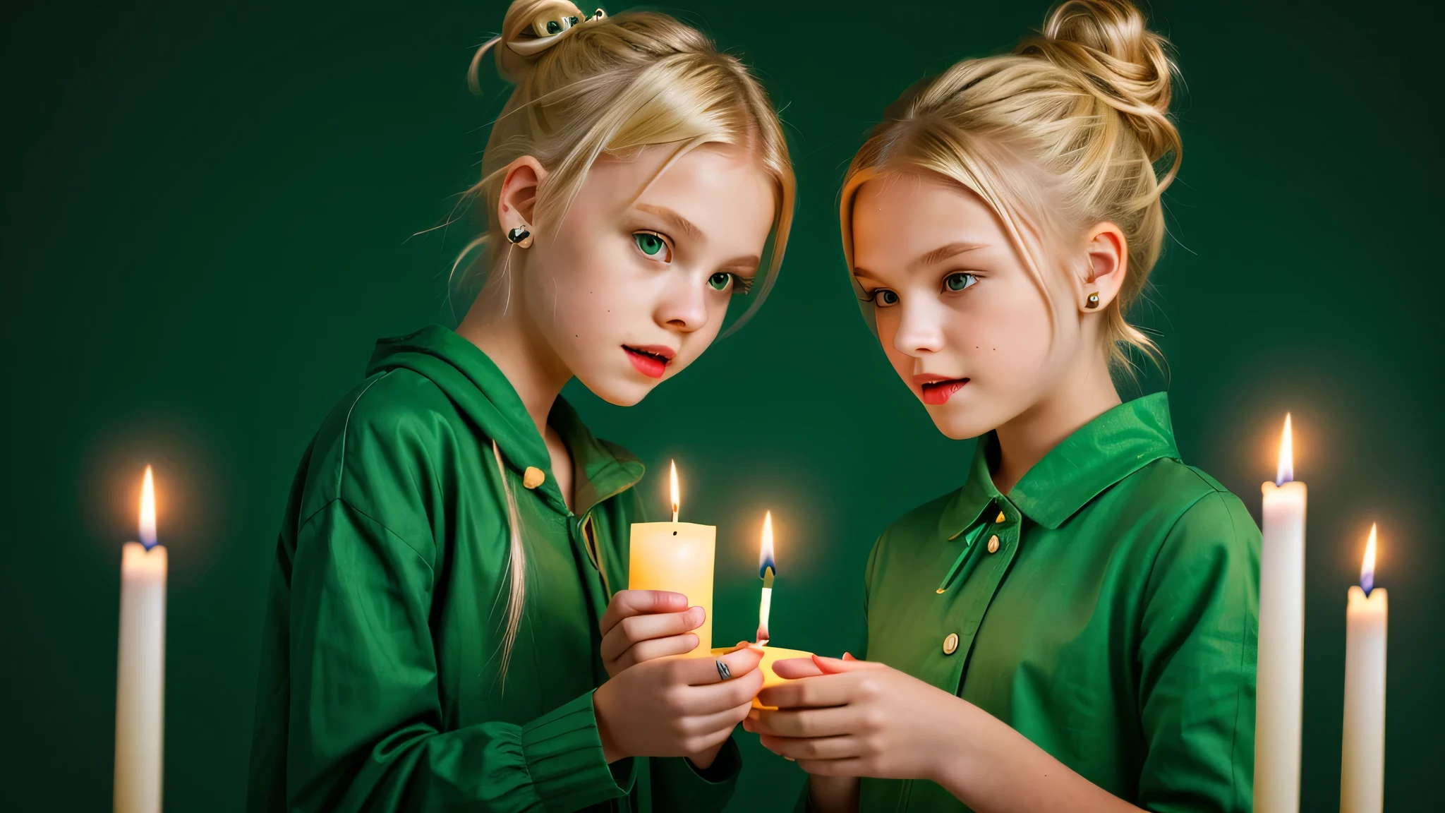 KIDS GIRL vampire blonde HAIR BUN green clothes. and candles, green light candles., GREEN BACKGROUND banished of sin