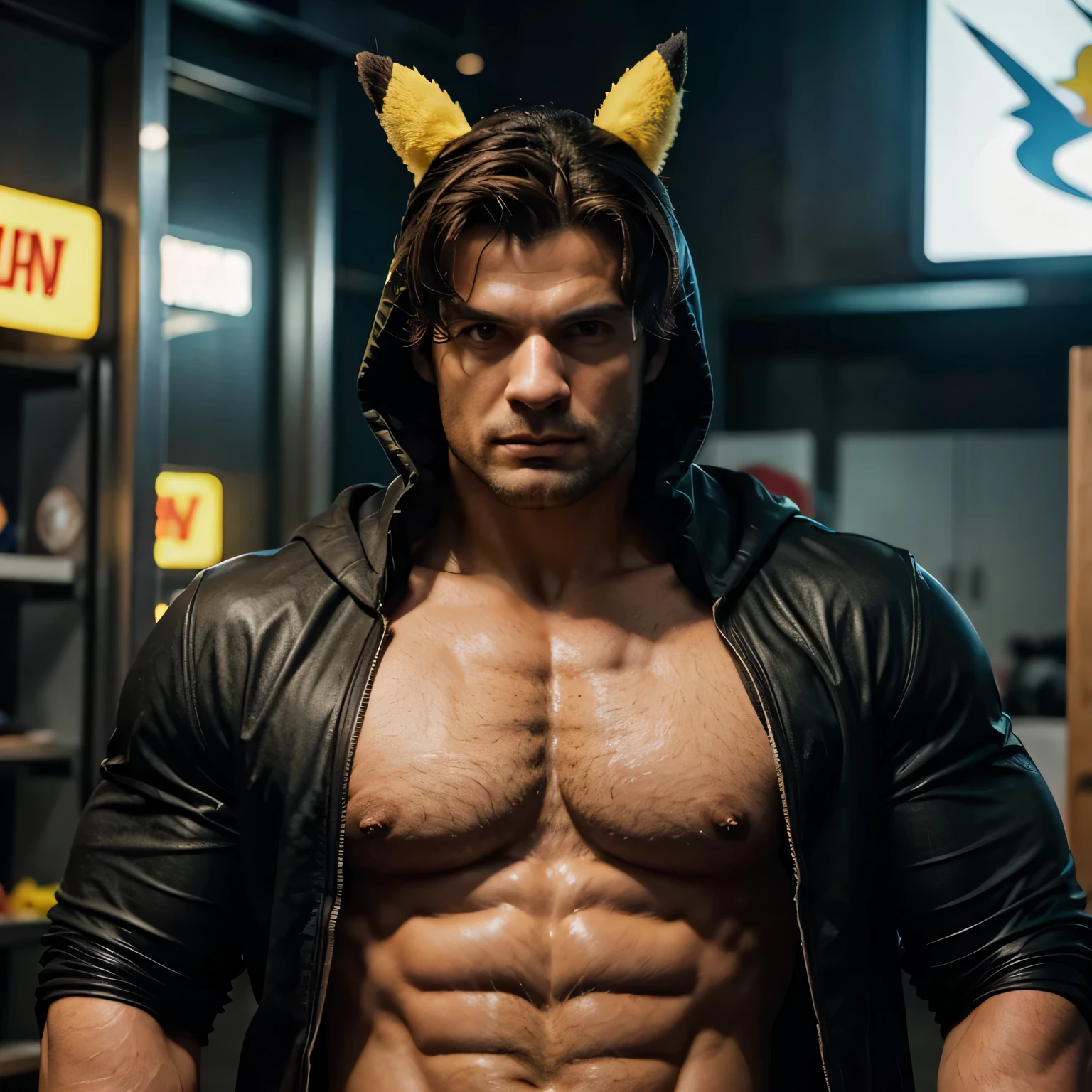 Ultra alta qualidade de imagem, realistic, Homem posando para uma foto, muscular male hero, muscular character, strong masculine characteristics, um homem inspirado em Henry Cavill como Wolverine, meio tiro de um hunky, homem atraente beefy, exaggerated physique, exaggerated muscular physique, Macho bonito, homem musculoso, super buff e cooll, detailed venous muscles, arafed man in a hooded jacket holding a stuffed animal, cyberpunk pikachu, pikachu as a human, real life pikachu, photorealistic human goku, realistic cosplay, pikachu, megaman as pikachu, hyper realistic anime, professional cosplay, 3 d character art, photo of real life pokemons, realistic anime 3 d style, goku in real life, pikachu as jesus