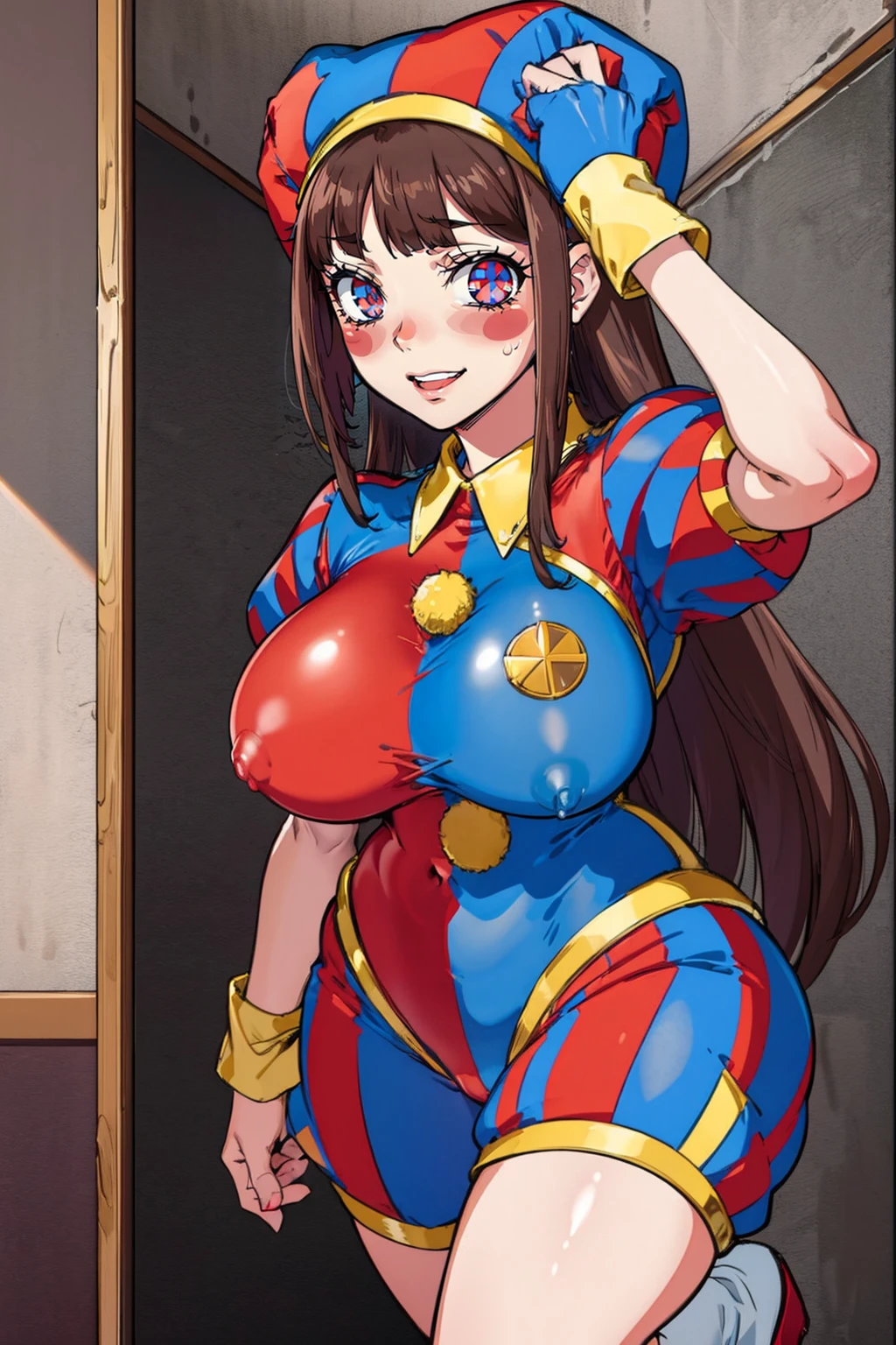 1girl, solo, indoors, full body, standing, smile, pomni, multicolored clothes, jester cap, puffy short sleeves, gloves, buttons, colored skin, symbol-shaped pupils, red eyes, blue eyes, huge breast, curvy