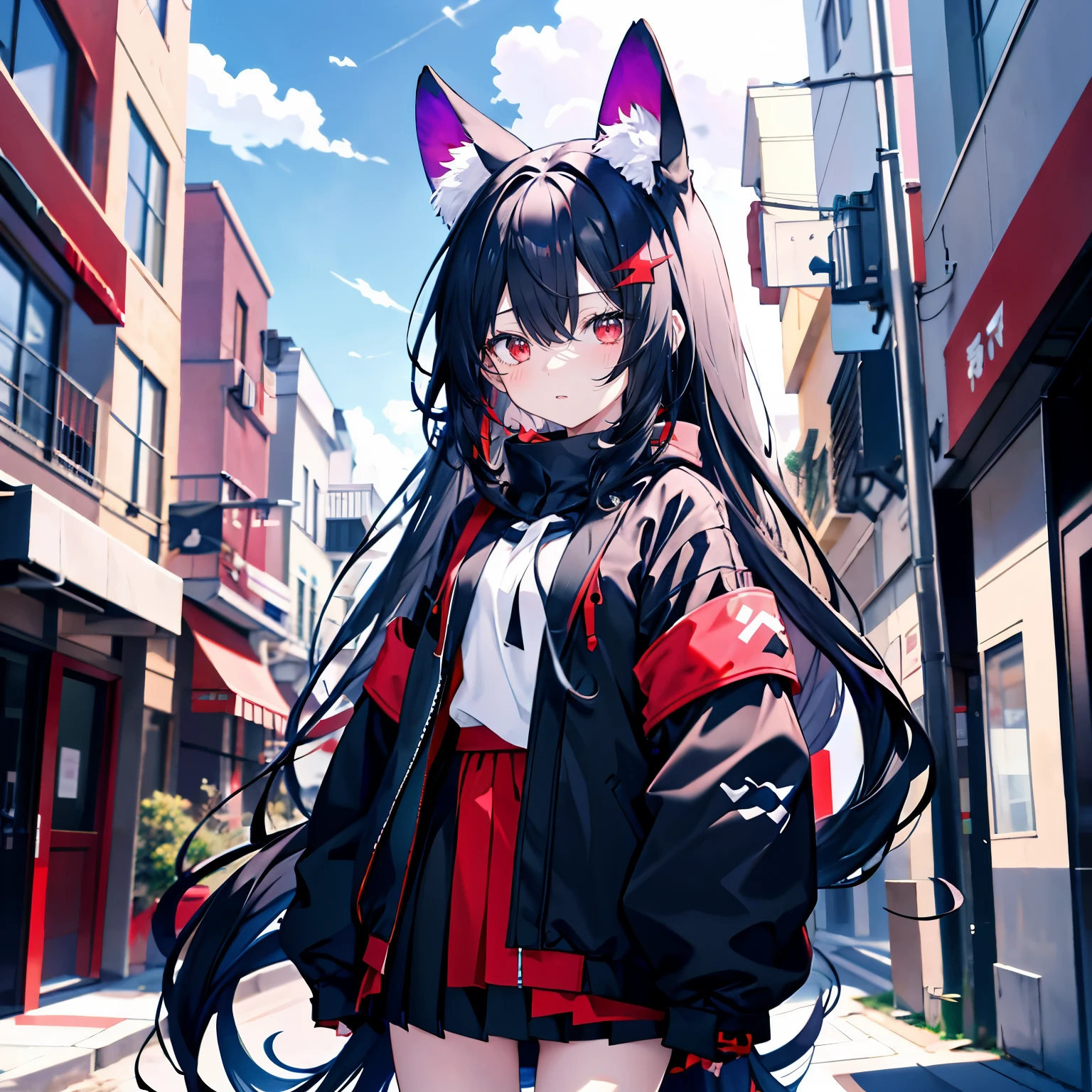 Black color hair,Red eyes,long whitr hair,double tails,teens girl,adolable,Dressed in a long-sleeved,short skirt,All body,Background street,with blue sky and white clouds,shyexpression