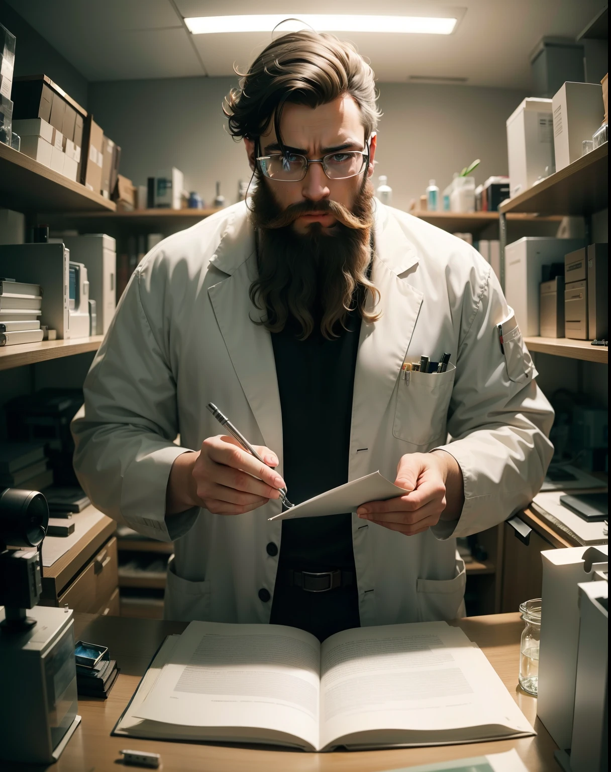 In the best quality image, a young scientist with a beard is captivated by the mysteries of the universe, working in a state-of-the-art laboratory. The scene is rendered in 4k, 8k, or high-resolution with a masterpiece level of detail (1.2). The Scientist's focused expression and pensive look are highlighted under the warm, realistic, or photorealistic (1.37) light of a lamp.
The background reveals a modern and well-equipped setup filled with lab equipment, experiments, and a multitude of scientific papers and journals neatly stacked on shelves. The scientist is wearing a white coat and concentrates on his
