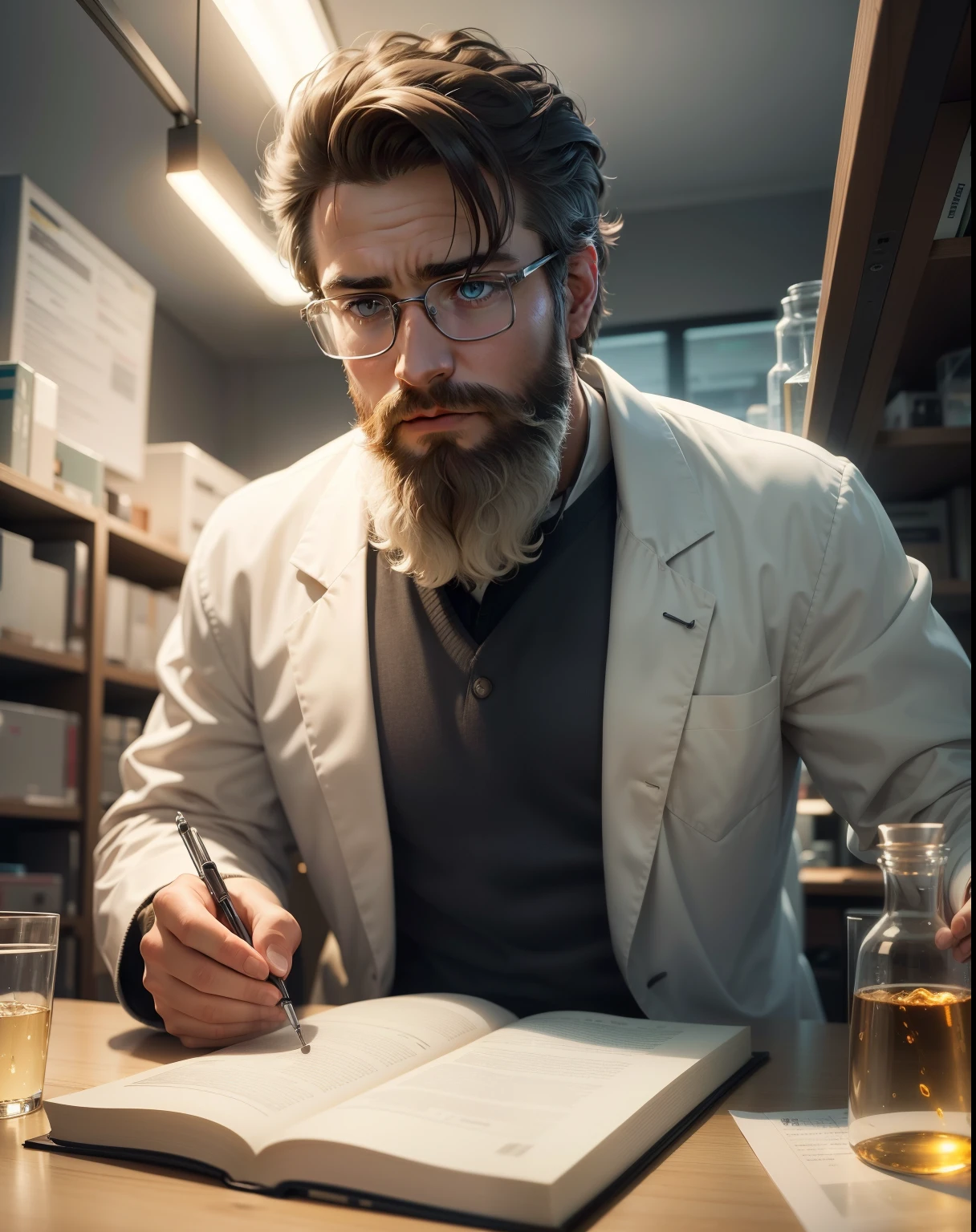 In the best quality image, a young scientist with a beard is captivated by the mysteries of the universe, working in a state-of-the-art laboratory. The scene is rendered in 4k, 8k, or high-resolution with a masterpiece level of detail (1.2). The Scientist's focused expression and pensive look are highlighted under the warm, realistic, or photorealistic (1.37) light of a lamp.

The background reveals a modern and well-equipped setup filled with lab equipment, experiments, and a multitude of scientific papers and journals neatly stacked on shelves. The scientist is wearing a white coat and concentrates on his