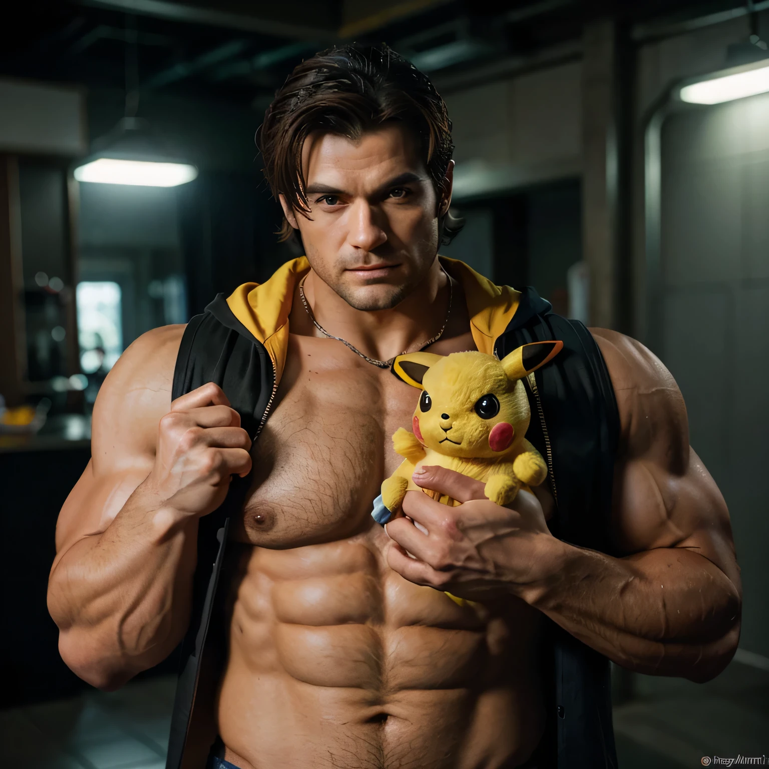 Ultra alta qualidade de imagem, realistic, Homem posando para uma foto, muscular male hero, muscular character, strong masculine characteristics, um homem inspirado em Henry Cavill como Wolverine, meio tiro de um hunky, homem atraente beefy, exaggerated physique, exaggerated muscular physique, Macho bonito, homem musculoso, super buff e cooll, detailed venous muscles, arafed man in a hooded jacket holding a stuffed animal, cyberpunk pikachu, pikachu as a human, real life pikachu, photorealistic human goku, realistic cosplay, pikachu, megaman as pikachu, hyper realistic anime, professional cosplay, 3 d character art, photo of real life pokemons, realistic anime 3 d style, goku in real life, pikachu as jesus