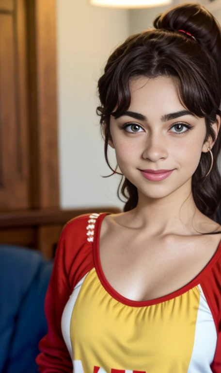 Photo of a 14 year-old american girl, .RAW, beautiful teenage girl, (Long brown hair with ponytail), light brown hair ponytail hairstyle((retrato)), ((Cara detallada:1.2)), ((Detailed facial features)), (Piel finamente detallada) , (Masutepiece) (proporciones perfectaotos realistas)(La mejor calidad) (Detallado) fotografiado con una EOS R5 de Canon, Lente de 50 mm, f/2.8, NffSW, (8k) (papel tapiz) (cinematic lighting) (Dramatic lighting) (sharp focus) (Enrevesado) senos medianos , pechos medianos , muchas pecas en mejillas y nariz , pecas en pecho, cuerpo completo , hermoso cuerpo de mujer adolesente, lindo maquillaje , gran sonrisa , mujer delgada escultural , foto de cuerpo completo , posando sexy sentada , Lynn loud , sentada , viste ropa abrigadora , ropa de invierno , fondo variado , nieve