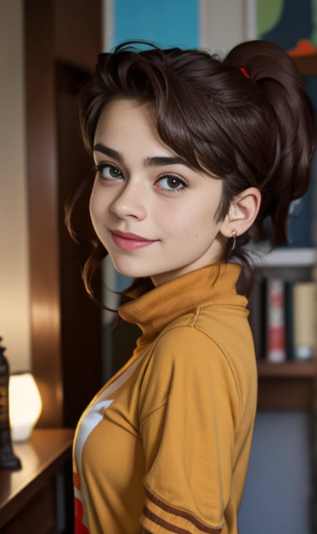 Photo of a 14 year-old american girl, .RAW, beautiful teenage girl, (Long brown hair with ponytail), light brown hair ponytail hairstyle((retrato)), ((Cara detallada:1.2)), ((Detailed facial features)), (Piel finamente detallada) , (Masutepiece) (proporciones perfectaotos realistas)(La mejor calidad) (Detallado) fotografiado con una EOS R5 de Canon, Lente de 50 mm, f/2.8, NffSW, (8k) (papel tapiz) (cinematic lighting) (Dramatic lighting) (sharp focus) (Enrevesado) senos medianos , pechos medianos , muchas pecas en mejillas y nariz , pecas en pecho, cuerpo completo , hermoso cuerpo de mujer adolesente, lindo maquillaje , gran sonrisa , mujer delgada escultural , foto de cuerpo completo , posando sexy sentada , Lynn loud , sentada , viste ropa abrigadora , ropa de invierno , fondo variado , nieve
