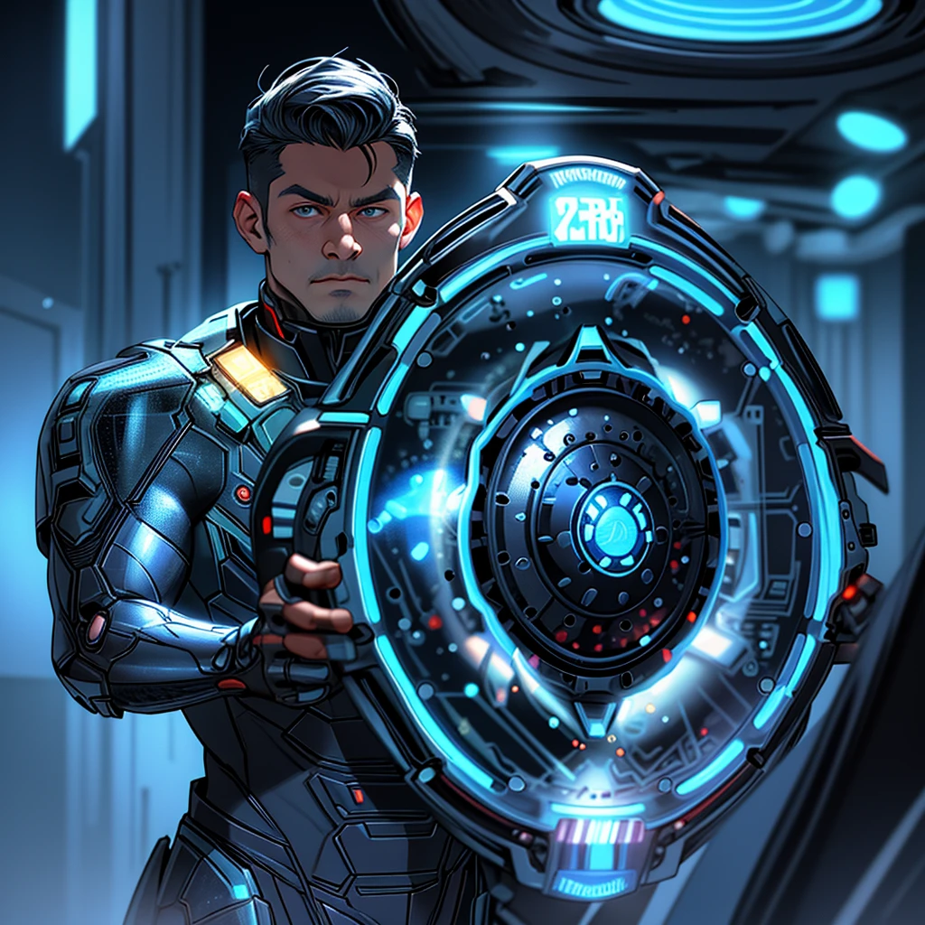 a man wielding a shield from the tron universe, shield focus, intricate build and design, futuristic yet traditional, volumetric lighting