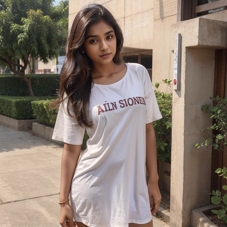 lovely cute young attractive indian girl, brown eyes, gorgeous actress, 23 years old, cute, an Instagram model, Indian, full body Shirt dress for casual dressing style for college girls.