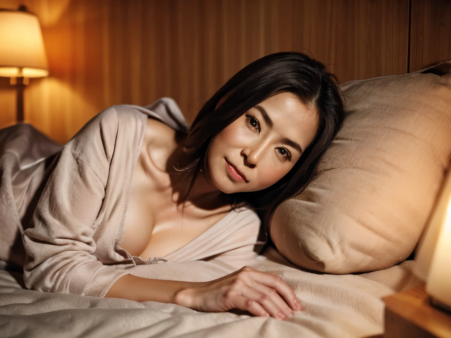 in 8K、Raw photography、Highest Quality、realisitic、Photorealsitic、Professional Lighting、​masterpiece、Very delicate and beautiful woman).A woman lying on her side on the bed next to me in a dimly lit room at night, lying on her cheek, staring at me.She's completely naked and in the blankets.upper body shot. 45 years old. Has big breasts of J cup.Beautiful woman with slender,looking camera,Angry expression.