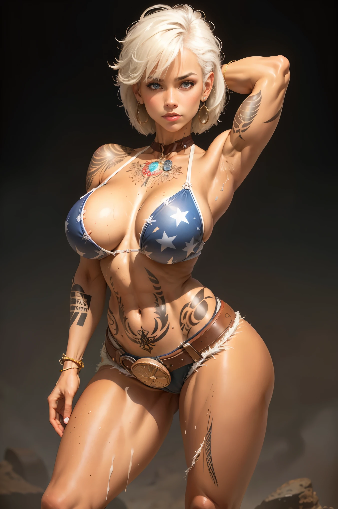 masterpiece, best quality, ultra-detailed, high contrast, realistic,(1woman),beautiful detailed eyes, looking at viewer, confident pose, tiny breasts, skinny waist, voluptuous hips, muscle arms, muscle thighs, sweaty skin, shiny skin, black tattoo, tattoo, chest tattoo, arm tattoo, rib tattoo, breast tattoo, cleavage tattoo, neck tattoo, shoulder tattoo, huge tattoo. (Earrings, multiple ear piercings) White hair, bob cut Hair, messy hair(Drenched in sweat) Wild West, cowboy boots, lasso,  belt, drenched in sweat, cowgirl, chaps, cow hide, cow print, bullets on belt, dusty, tall boots, thigh high boots, denim, crop top, ripped clothes, dirty clothes, cowgirl hat, wind blowing, tumbleweeds, American flag, harsh sunlight, lens flare