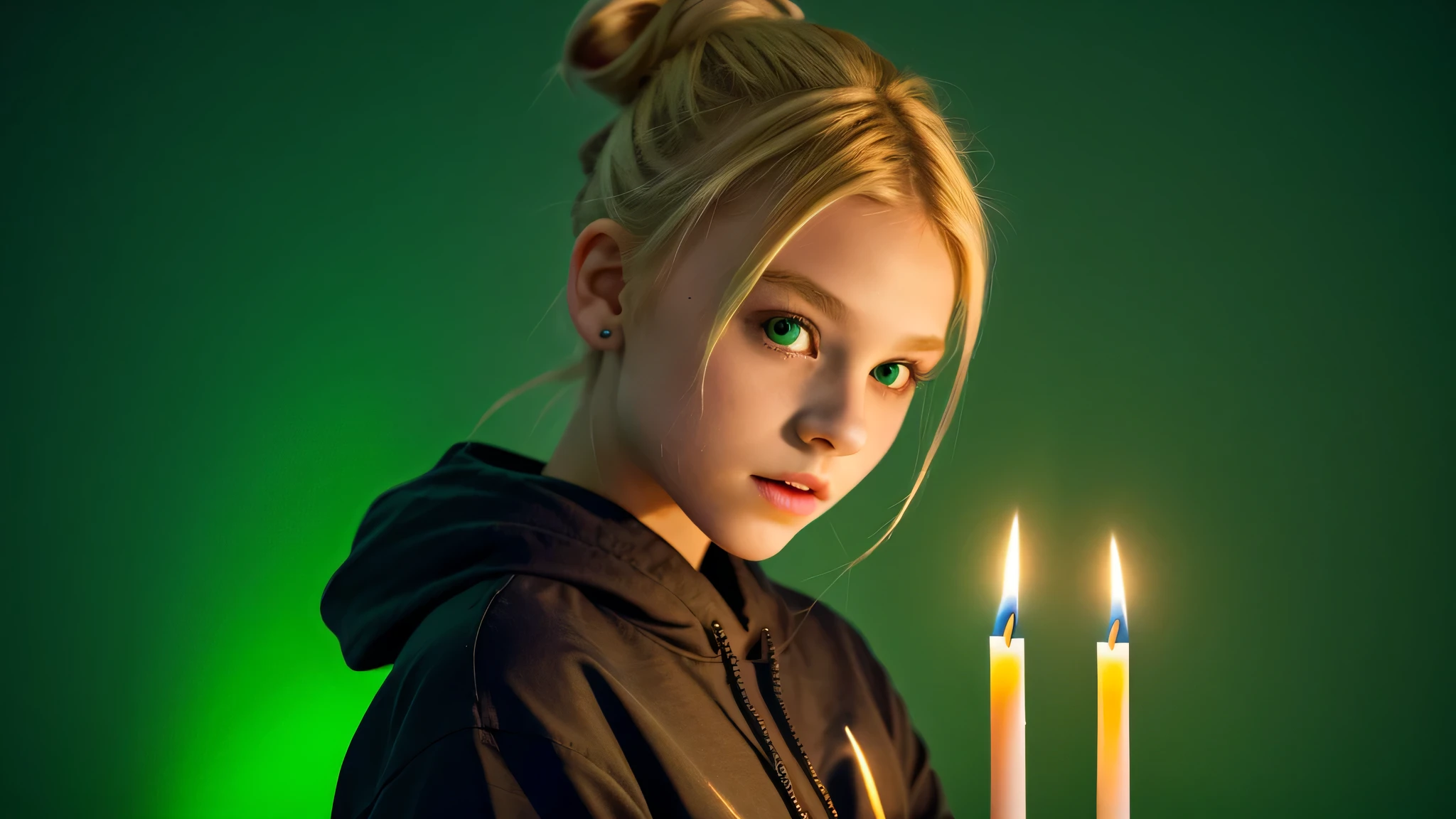 KIDS GIRL vampire blonde HAIR BUN green clothes. and candles, green light candles., GREEN BACKGROUND banished of sin