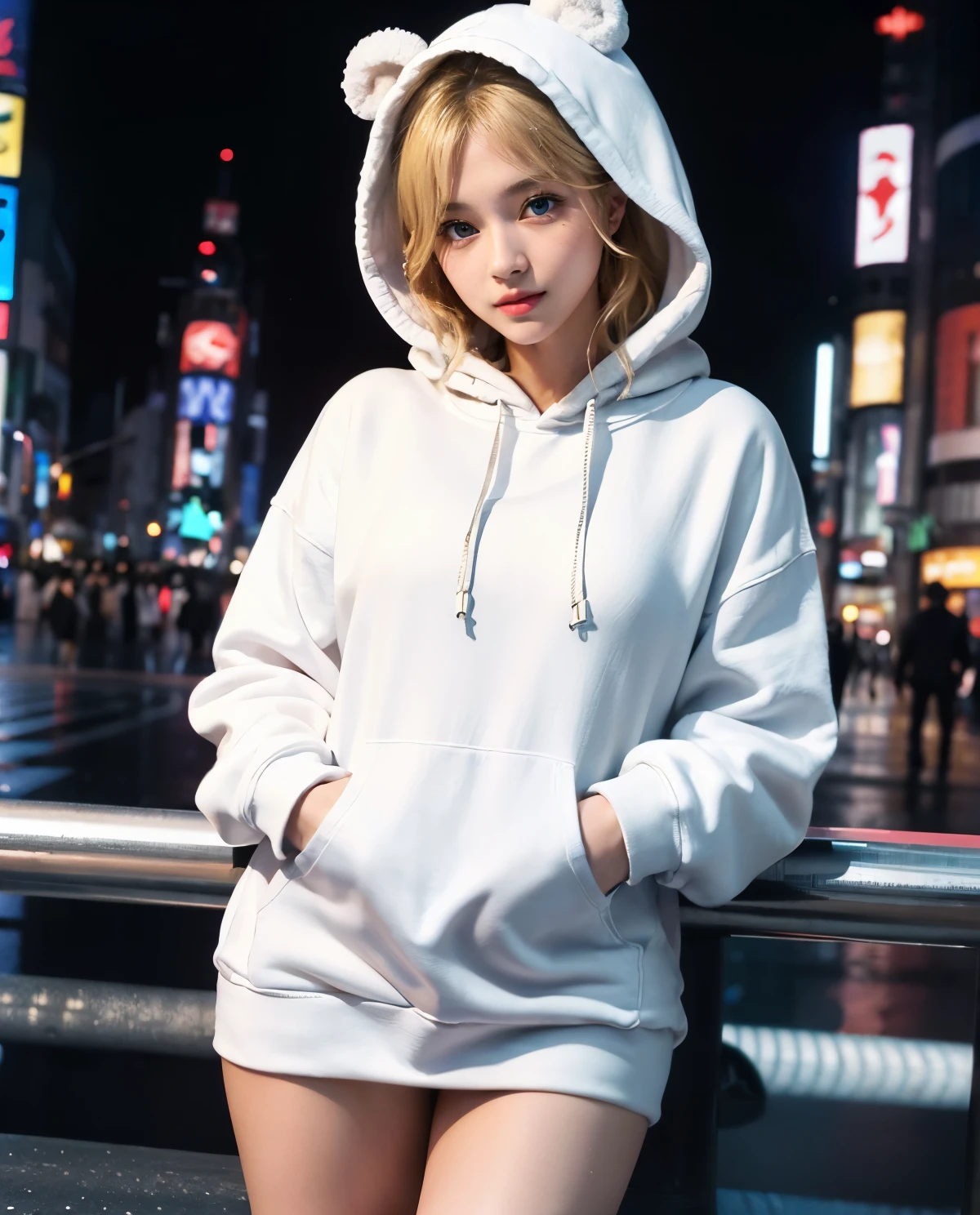 1girl, Blue eyes, (smile), (Sana Minatozaki), wide hips, Big , big ass, (Best Quality, 8k, Masterpiece: 1.3), perfect hands, Clear Focus: 1.2, Perfect Body Beauty: 1.4, Highly detailed face and skin texture, detailed eyes, double eyelids, (blonde long hair), (white thigh length hoodie :1.4), sitting, ((at the Shibuya crossing at night :1.3)), (tokyo japan), (raining :1.2)