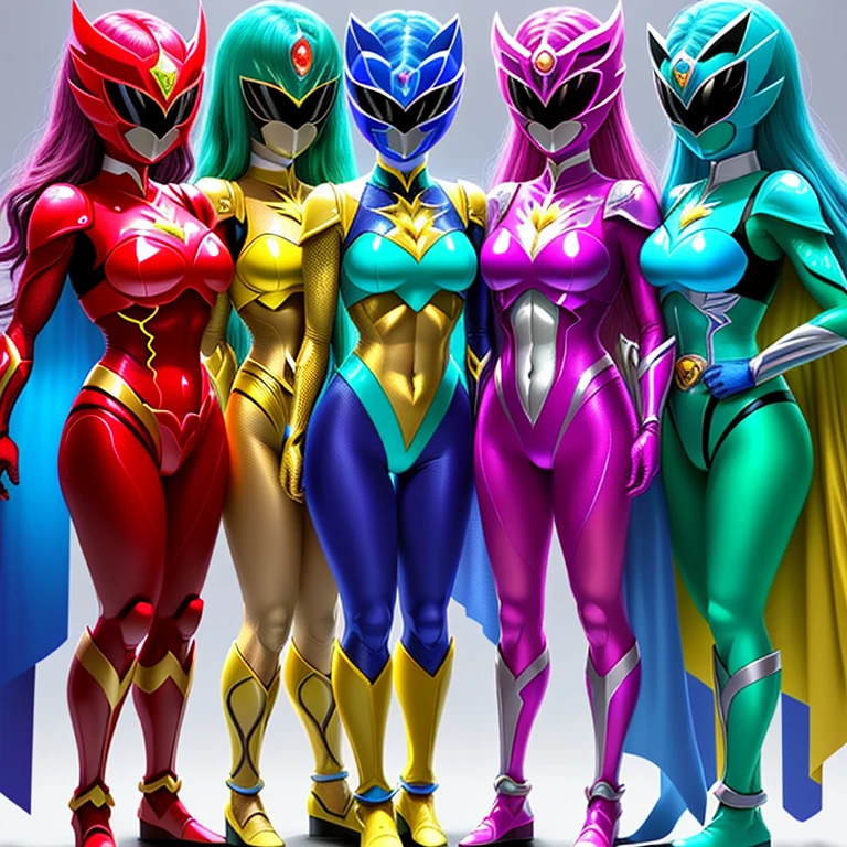 Group of four different colored superheroes standing next to each other、Chiho Aoshima's color scheme、secret seventh power ranger、zodiac girls、bikini armor、Morning warrior hybrid、New costume concept design、80's color scheme、female superhero proportions、different full body views、Power Ranger、full body concept、Wearing opal armor