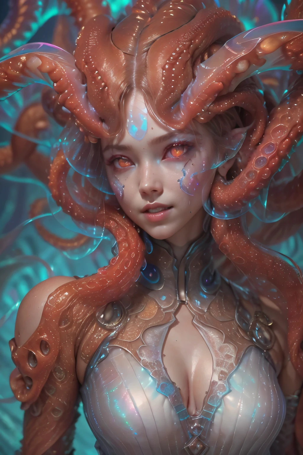 (1 beautiful and  female alien:1.4), (There is a female genital-like organ in the middle of the forehead:1.95), (vulgarity1.7), (she is looking at viewers with glowing red eyes with no pupils:1.8), (She has translucent pale skin:1.7),(She has the most beautiful face in the history of the universe:1.2), (She has multiple bioluminescent organs on the side of her tentacles:1.4), (Her body is covered with an iridescent exoskeleton:1.6), (She is showingh her arm pits:1.4), an evil gaze that seduces, (large mouth:1.1), (sharp teeth like a vampire:1.2), Full body portrait, (bio luminescent:1.5), (Smile wickedly:1.3), (sexypose:1.5), alien, No humans, cells are fused, (there are lots of translucent tentacles from her head like her hair:1.8) extraterrestrial, cell, bio image, best quality, masterpiece, ultra high resolution, (photos realistic:1.7), scary and  detailed art in color, best quality, 8K,In 4K_quality, High freshness, Dramatic Lighting, cinematic quality, detail up, (exquisite details:1.2), High freshness, drawing faithfully, (Thick eyebrows:1.2), Beautiful eyes with fine symmetry,(Highly detailed face and eyes:1.2),(Super detailed skin quality feeling:1.4), perfect , (Beautiful toned body:1.5), (Moist skin:1.2), not wearing makeup, (dark circles:1.1), long canines, cinematic drawing of characters, cinematic quality, detail up, (exquisite details:1.2), high resolution, High freshness, drawing faithfully, official art, Unity 8K Wall paper, ultra detailed artistic photography, midnight aura, unreal engine 5, Ultra Sharp Focus, art by Amano Yoshitaka, ArtGerm, Roisch, intricate artwork,ultra realistic realism, dream-like, Creation of fantasy, dream Snail, (biopunk nautilus:1.3),Thrilling color schemes, seductively smiling, Amazing mutation, well-proportioned body, goddess of the deep sea, fractal, Geometric pattern, impossible figures,(asymmetry:1.4), (white tentacles with blue stripes:1.4), subtle emerald green accents, (expression of :1.6)