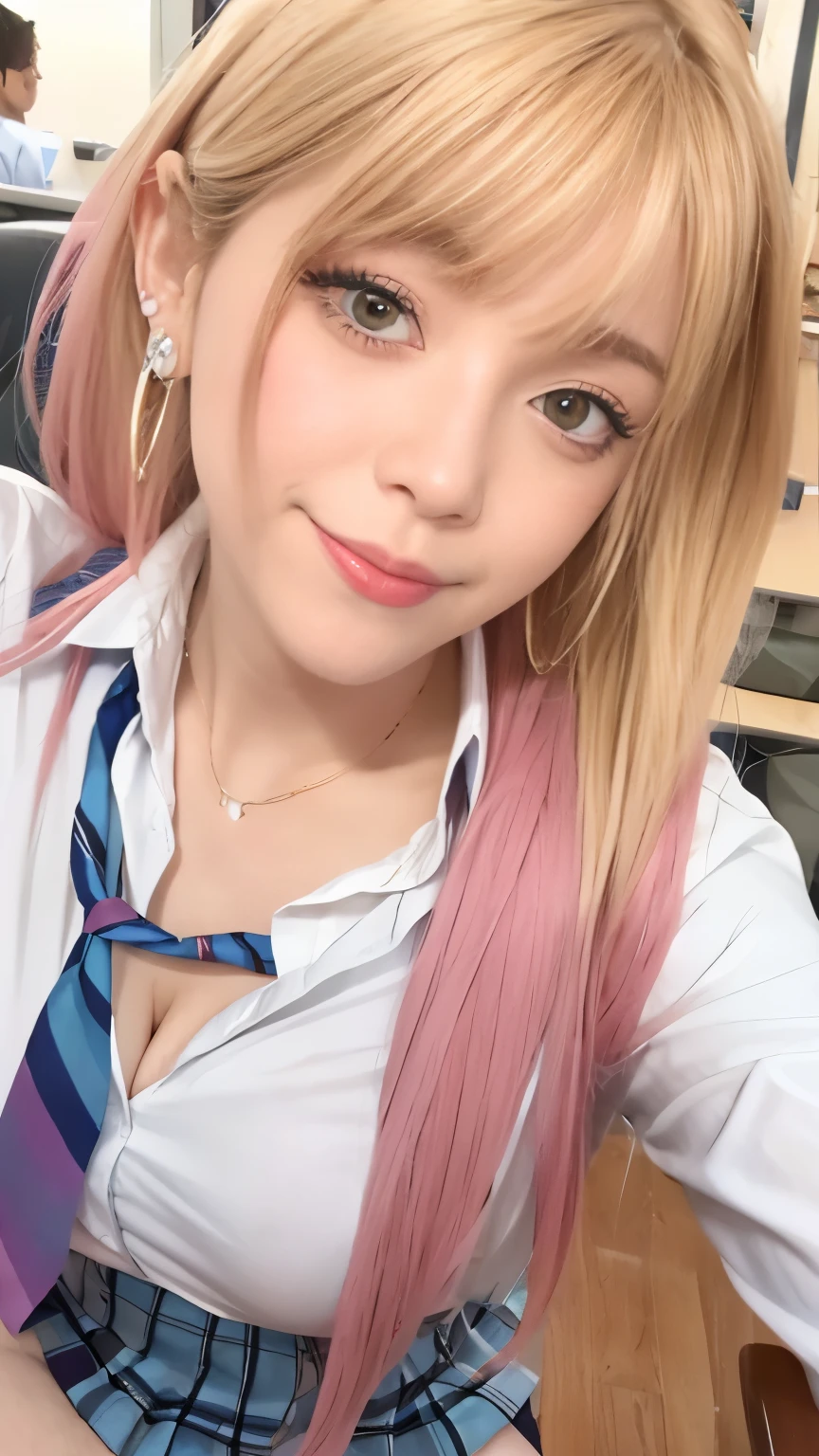 close up of 1 woman、35mm masterpiece, full body, 1girl, kitagawa_marin, breasts, blonde_hair, skirt, tongue, cleavage, solo, long_hair, necktie, tongue_out, shirt, piercing, low claveage show of half breast, school_uniform, looking_at_viewer, large_breasts, show of half breasts, bangs, ear_piercing, white_shirt, selfie, blush, red_eyes, pleated_skirt, smile, sitting, collared_shirt, v, earrings, gyaru, jewelry, collarbone, closed_mouth, pink_nails, :q, licking_lips, desk, v_over_eye, blue_skirt, barbell_piercing, nail_polish, long_sleeves, multicolored_hair, black_necktie, fingernails, industrial_piercing