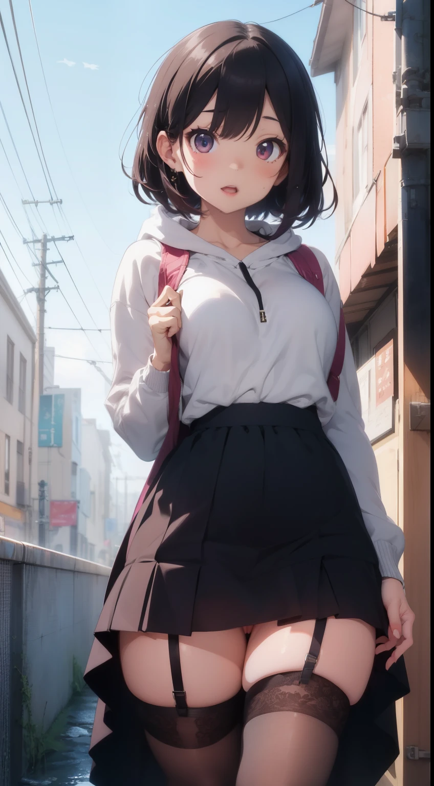 anime girl standing lifting her skirt, seductive anime girl, cyberpunk anime girl in long hoodie, attractive anime girl, black haired girl wearing long hoodie, artwork in the style of guweiz, ilya kuvshinov. 4 k, in a hoodie, beautiful alluring anime woman, anime woman, marin kitagawa fanart, made with anime painter studio, anime girl, ((naked pussy)), pussy lips visible, prefect pussy, good shaped pussy, tight pussy, open breaths that show side of breaths,((no underwear)), (( stocking )), one leg up, hands next to waist, ((naked pussy)), prefect pussy, lovely pussy, flat pussy, wet pussy, oily body, milky skin, mini skirt, huge breaths, from below view, looking at viewer, open mouth, horny, cross leg, pink hair, prefect lips, red lips, pink hair
