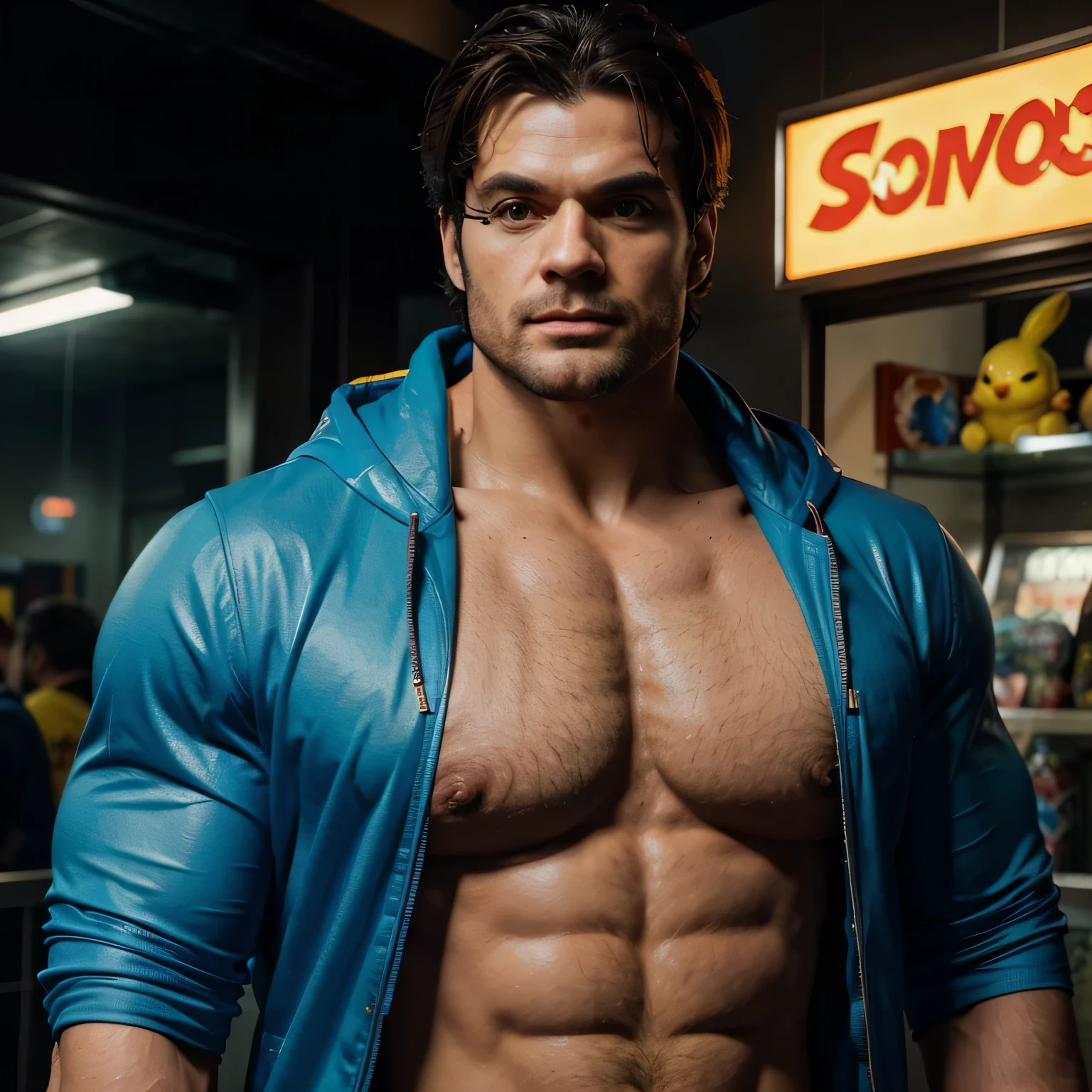 Ultra alta qualidade de imagem, realistic, Homem posando para uma foto, muscular male hero, muscular character, strong masculine characteristics, um homem inspirado em Henry Cavill como Wolverine, meio tiro de um hunky, homem atraente beefy, exaggerated physique, exaggerated muscular physique, Macho bonito, homem musculoso, super buff e cooll, detailed venous muscles, arafed man in a hooded jacket holding a stuffed animal, cyberpunk pikachu, pikachu as a human, real life pikachu, photorealistic human goku, realistic cosplay, pikachu, megaman as pikachu, hyper realistic anime, professional cosplay, 3 d character art, photo of real life pokemons, realistic anime 3 d style, goku in real life, pikachu as jesus