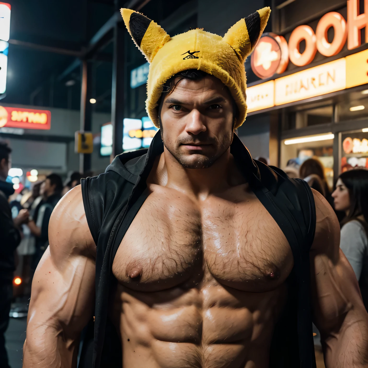 Ultra alta qualidade de imagem, realistic, Homem posando para uma foto, muscular male hero, muscular character, strong masculine characteristics, um homem inspirado em Henry Cavill como Wolverine, meio tiro de um hunky, homem atraente beefy, exaggerated physique, exaggerated muscular physique, Macho bonito, homem musculoso, super buff e cooll, detailed venous muscles, arafed man in a hooded jacket holding a stuffed animal, cyberpunk pikachu, pikachu as a human, real life pikachu, photorealistic human goku, realistic cosplay, pikachu, megaman as pikachu, hyper realistic anime, professional cosplay, 3 d character art, photo of real life pokemons, realistic anime 3 d style, goku in real life, pikachu as jesus