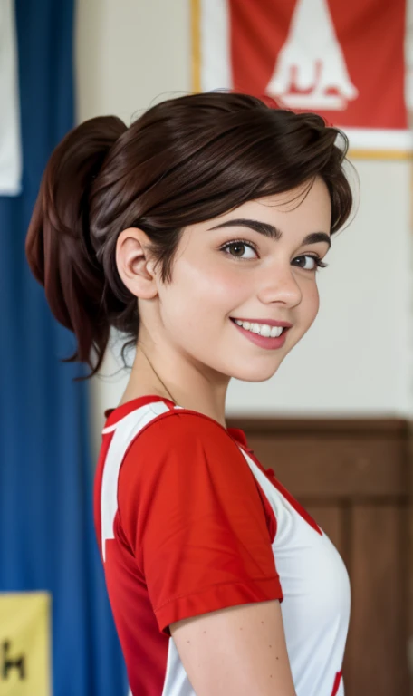 Photo of a -old amean girl, .RAW, beautiful teenage girl, (Long brown hair with ponytail), light brown hair ponytail hairstyle((retrato)), ((Cara detallada:1.2)), ((Detailed facial features)), (Piel finamente detallada)  , (Masutepiece) (proporciones perfectaotos realistas)(La mejor calidad) (Detallado) fotografiado con una EOS R5 de Canon, Lente de 50 mm, f/2.8, NffSW, (8k) (papel tapiz) (cinematic lighting) (Dramatic lighting) (sharp focus) (Enrevesado) senos medianos , pechos medianos , muchas pecas en mejillas y nariz , pecas en pecho, cuerpo completo , hermoso cuerpo de muje adolesente,  lindo maquillaje , gran sonrisa  , mujer delgada escultural , ropa de base ball , uniforme de base ball , foto de cuerpo completo