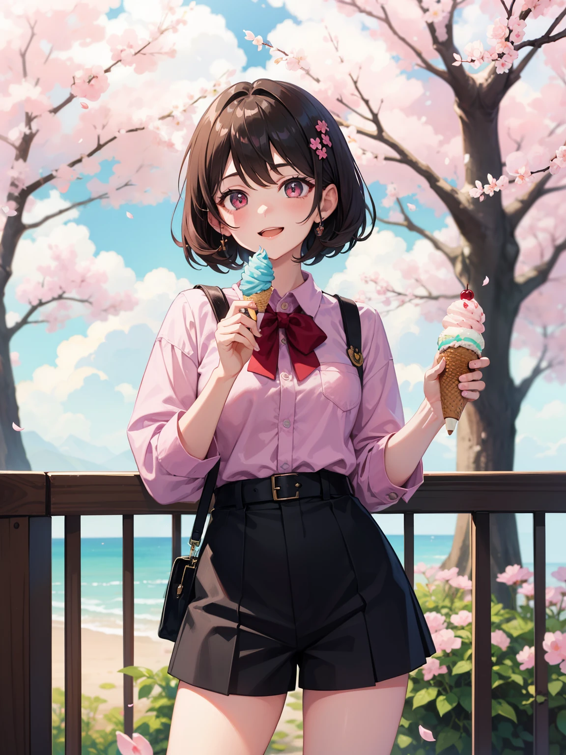 masterpiece,highest quality, 1 girl,alone,Hal Ulala,uniform,short skirt,Overall shorts,flower shaped pupil,change,pink shirt,holding ice cream,(horse tail:0.6),smile,open your mouth,cloudy, cherry blossoms,spring,Scattering