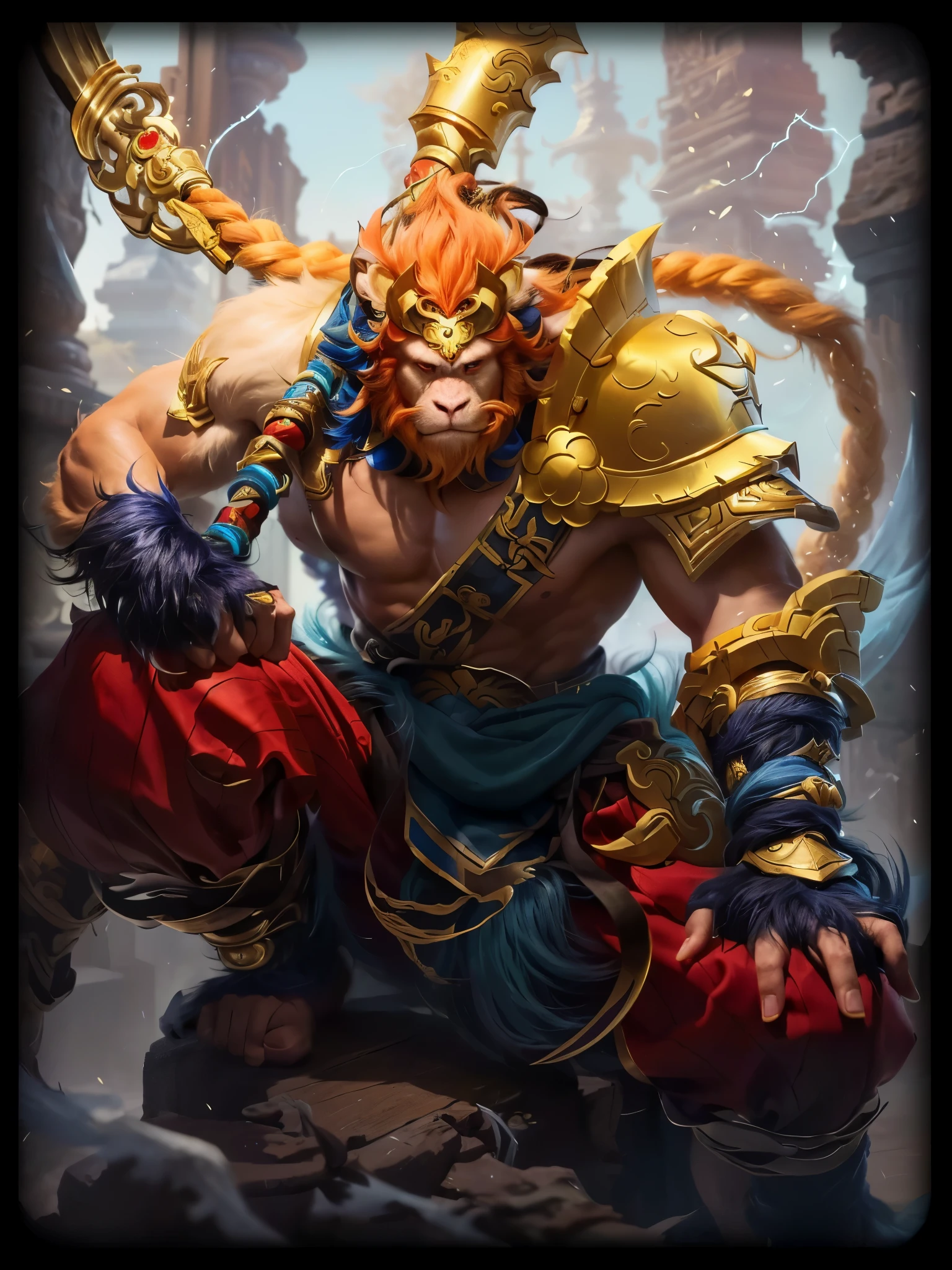 a painting of a man with a sword and a helmet, wukong, sun wukong, bian lian, inspired by Li Kan, league of legends character, monkey king, league of legends character art, narasimha, official splash art, inspired by Hu Zaobin, tauren, ne zha from smite, g liulian art style