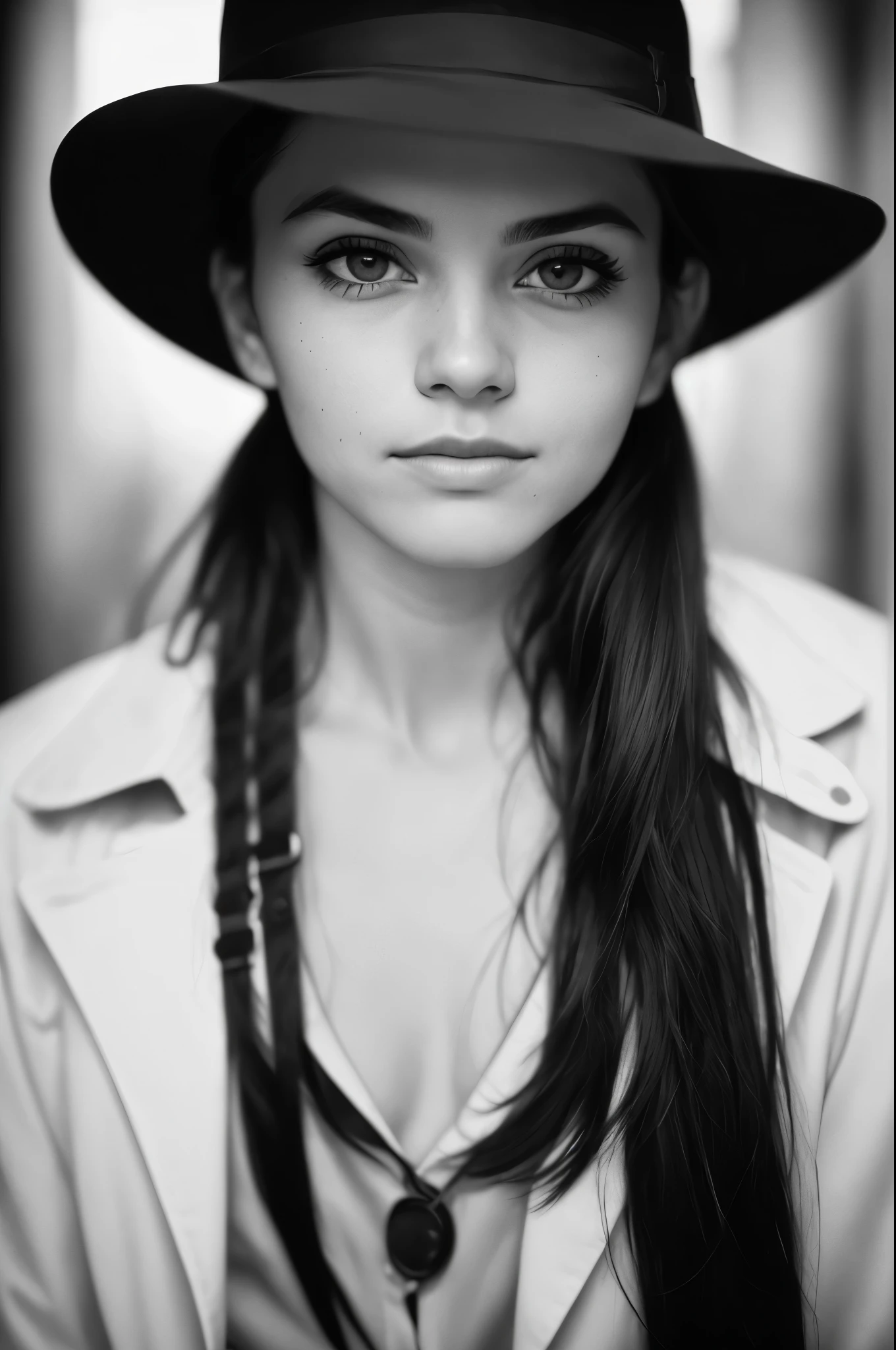RAW photo, (a portrait photo of noir detective:1.3), (high detailed skin:1.0), detailed eyes, 8k uhd, dslr, soft lighting, best quality, film grain, Fujifilm XT3,