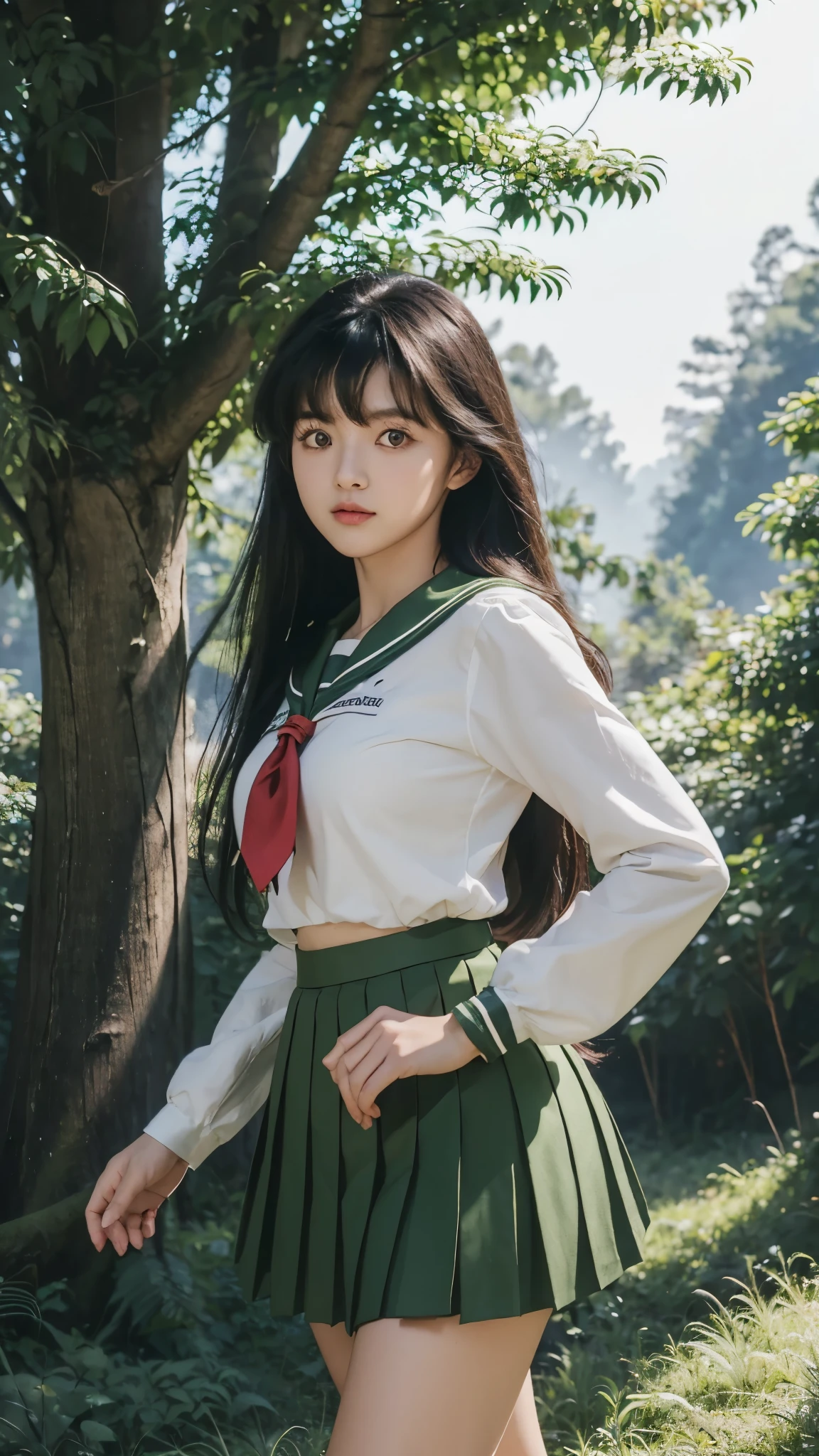 masterpiece, best quality, upper body of kagome, 1girl, solo, long_hair, , black_hair, _brown_eyes,  school_uniform, cowboy_shot, pleated_skirt, sailor_collar, neckerchief, green_skirt, long_sleeve, multiple poses, ((forest, big tree background:1.1)) (((natural light)))