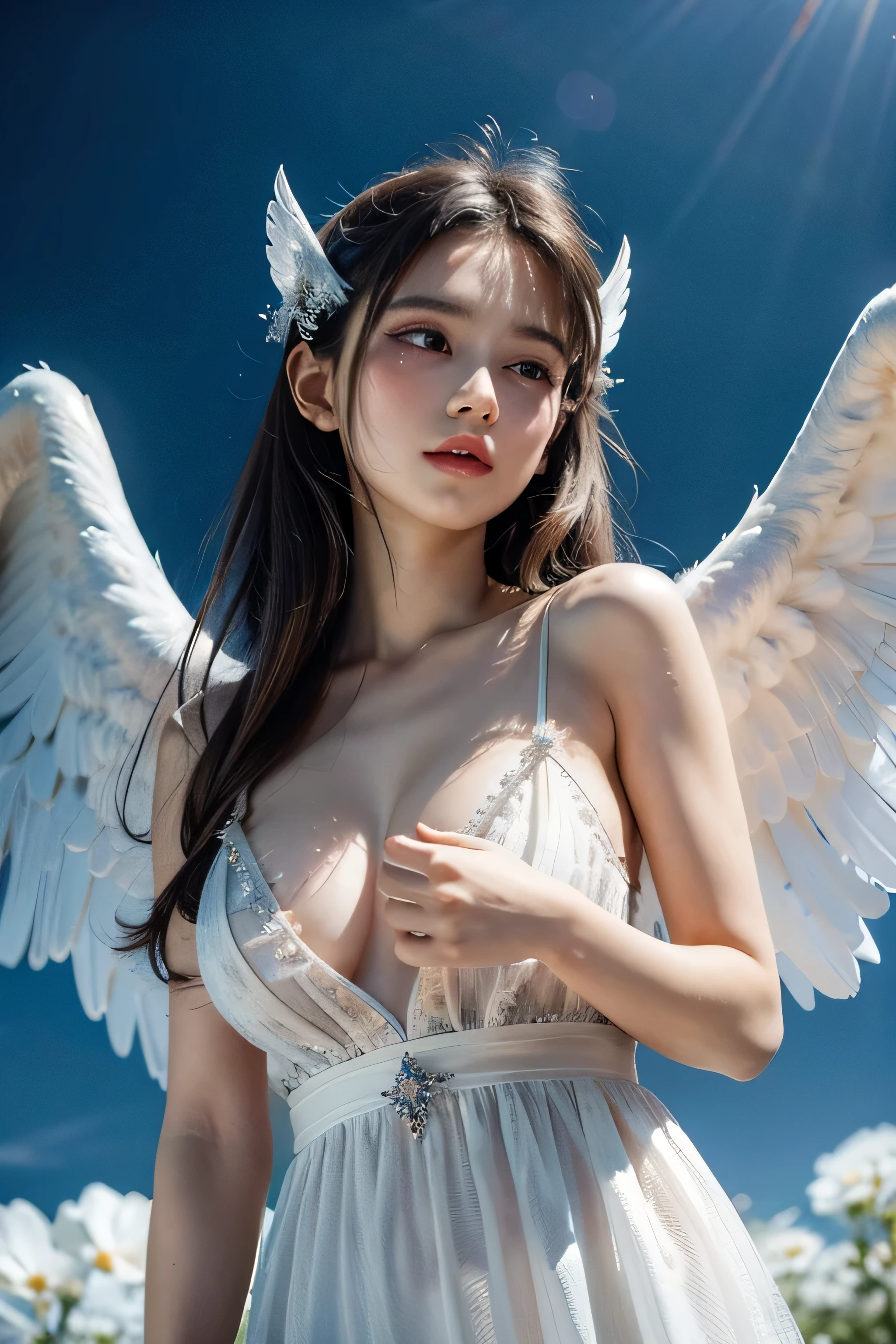 masterpiece, (best quality:1.2), [:intricate details:0.2], 1girl,, angel, angel wings, white frills, (daytime sky), shimmering aura, intense focus, crackling energy, mysterious symbols, sparkling motes,