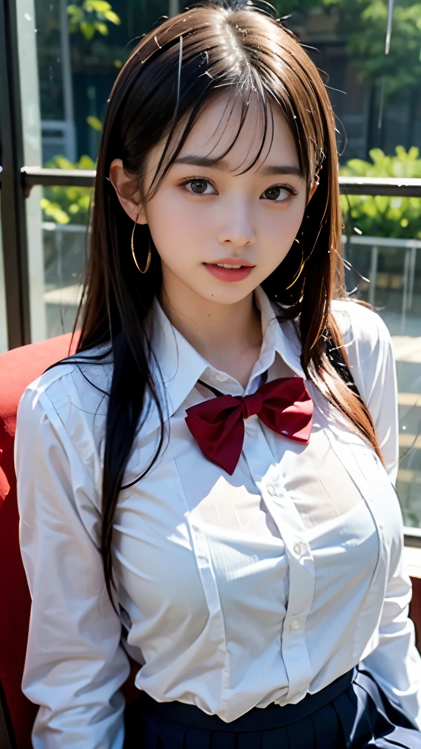 (masterpiece, highest quality:1.2), 8K, official art, RAW photo, incredibly absurd, (whole body, high school uniform:1.4), beautiful girl, 18-year-old、cute face, arch back, white shirt、navy pleated skirt, close, , long sleeve, gardenia, violaces, pool、sit on a chair、looking at the viewer, film grain, chromatic aberration, sharp focus, face light, dynamic lighting, cinematic lighting, detailed eyes and face, background bokeh, (1 dark red bow tie:1.2)、(heavy rain、dark sky:1.5)、one girl、blush、look at the viewer、(huge breasts:1.2)、wet hair、shiny hair、wet face、wet skin、wet body、wet costume、flower、hairpin、necklace、earrings、Depth of bounds written、尖ったred mouth、red mouth,clavicle、beautiful fingers、Loosen your tie、cute wet face、Wet clothes that stick to your chest、Wet and see-through clothes、short hairstyle