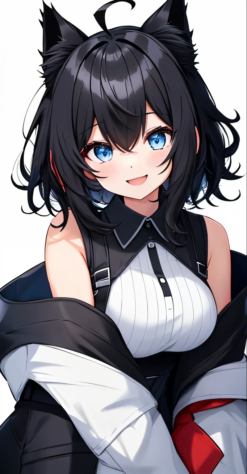 on lap,((((upright)))), ((((arm to the side)))), looking at the viewer, simple background、white background, 1 girl, open your mouth, smile, Virtual YouTuber、with a girl、((highest quality, expensive_solve, clear_image)),(black hair), (black cat ears), (Ahoge), (ridiculously short hair), (wavy hair), (blue eyes),、laughter、very big breasts,concept art、((show viewer))。black military uniform。