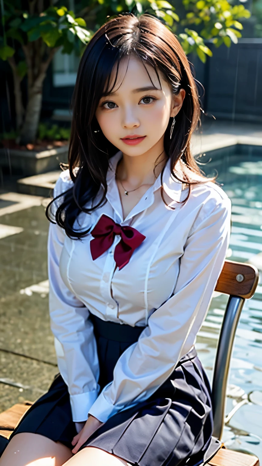 (masterpiece, highest quality:1.2), 8K, official art, RAW photo, incredibly absurd, (whole body, high school uniform:1.4), beautiful girl, 18-year-old、cute face, arch back, white shirt、navy pleated skirt, close, , long sleeve, gardenia, violaces, pool、sit on a chair、looking at the viewer, film grain, chromatic aberration, sharp focus, face light, dynamic lighting, cinematic lighting, detailed eyes and face, background bokeh, (1 dark red bow tie:1.2)、(heavy rain、dark sky:1.5)、one girl、blush、look at the viewer、(huge breasts:1.2)、wet hair、shiny hair、wet face、wet skin、wet body、wet costume、flower、hairpin、necklace、earrings、Depth of bounds written、尖ったred mouth、red mouth,clavicle、beautiful fingers、Loosen your tie、cute wet face、Wet clothes that stick to your chest、Wet and see-through clothes、short hairstyle