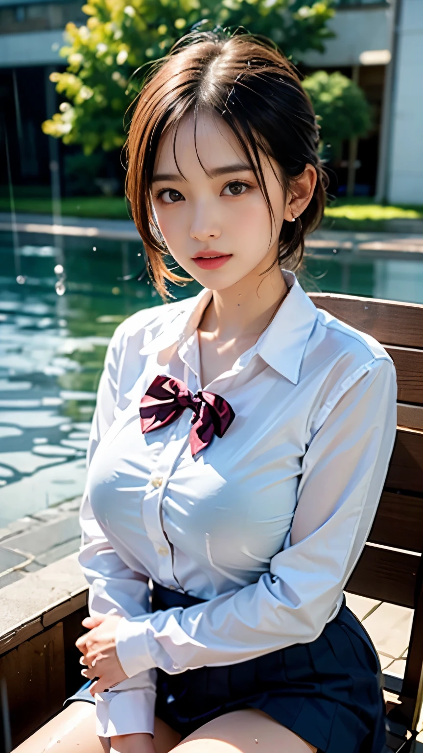 (8k, RAW photo, best quality, masterpiece: 1.2), (realistic, photorealistic: 1.37), super detail, (detailed beautiful girl: 1.4), woman in her twenties, 1 girl, white dress, ((white sailor color)), flared skirt, full body with nature in the background, looking at me with a smile, huge breasts, glasses, cute hairstyle