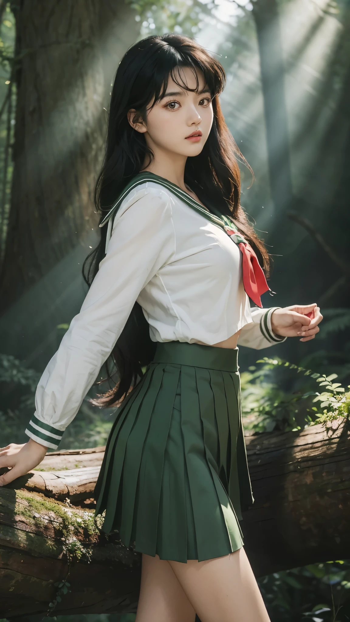 masterpiece, best quality, upper body of kagome, 1girl, solo, long_hair, , black_hair, _brown_eyes,  , cowboy_shot, pleated_skirt, sailor_collar, neckerchief, green_skirt, long_sleeve, multiple poses, ((forest, big tree background:1.1)) (((natural light)))