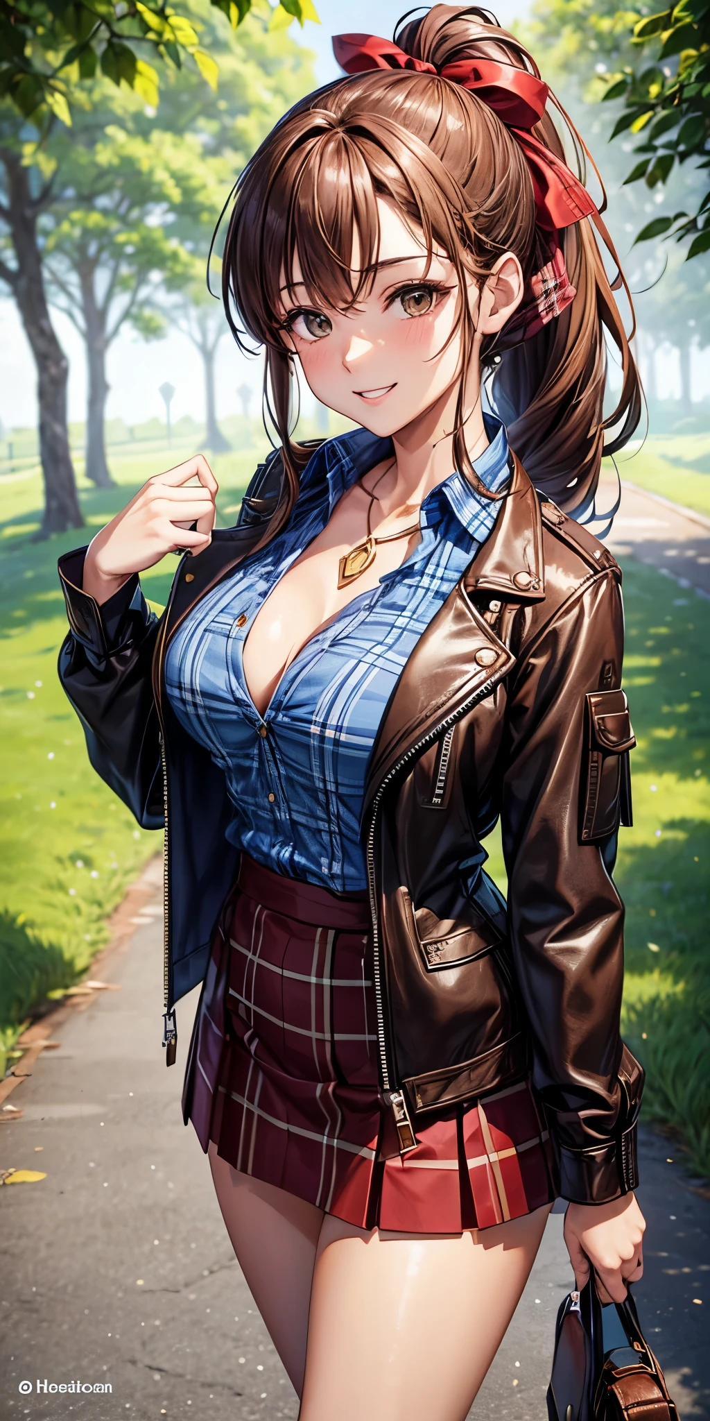 1girl, full body, solo, village, trees, brown hair, long hair, curly hair, ponytail, large breasts, button down shirt, ((blue checked shirt)), ((unbuttoned shirt)), cleavage 1:3, brown eyes, ((opened brown zipper jacket)), leather jacket, ((red black skirt)), smile, looking at the viewer, touching neck, standng, hair ribbon, golden necklate