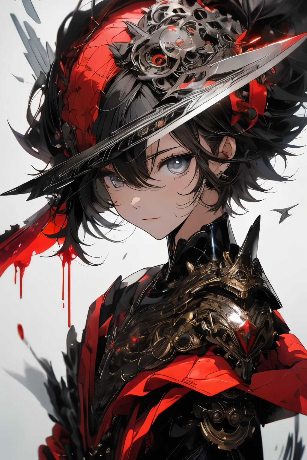masutepiece,Best Quality,the Extremely Detailed CG Unity 8K Wallpapers,Illustration,。.3D,Realistic body,{awesome details},[Hyper Detailed],[ultra-detailliert],{many layers},Beautiful hair,Beautiful eyes,glistening shining skin,intense shadow,Official art,sketch,masutepiece,Best Quality,Illustration,100000000k, {Best Quality,Illustration}, girl, tiny chest, Short hair, Simple eyes, mechanical suit, mechanical wings, Black Shinny Satin Latex Dress, Shoulder Armor Gauntlet, {{{{{Hand holding a shining mechanical sword, Holding a shining mechanical sword in his hand}}}}}, Dynamic Angle, blood pool, heaps of corpses