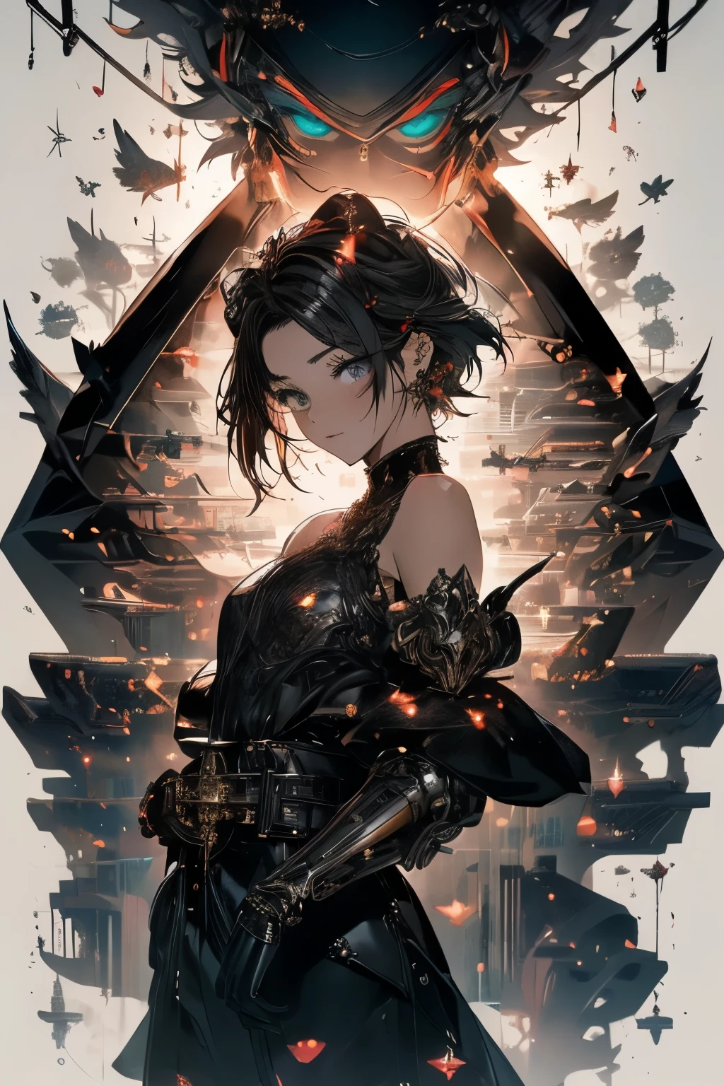 masutepiece,Best Quality,the Extremely Detailed CG Unity 8K Wallpapers,Illustration,。.3D,Realistic body,{awesome details},[Hyper Detailed],[ultra-detailliert],{many layers},Beautiful hair,Beautiful eyes,glistening shining skin,intense shadow,Official art,sketch,masutepiece,Best Quality,Illustration,100000000k, {Best Quality,Illustration}, girl, tiny chest, Short hair, Simple eyes, mechanical suit, mechanical wings, Black Shinny Satin Latex Dress, Shoulder Armor Gauntlet, {{{{{Hand holding a shining mechanical sword, Holding a shining mechanical sword in his hand}}}}}, Dynamic Angle, blood pool, heaps of corpses